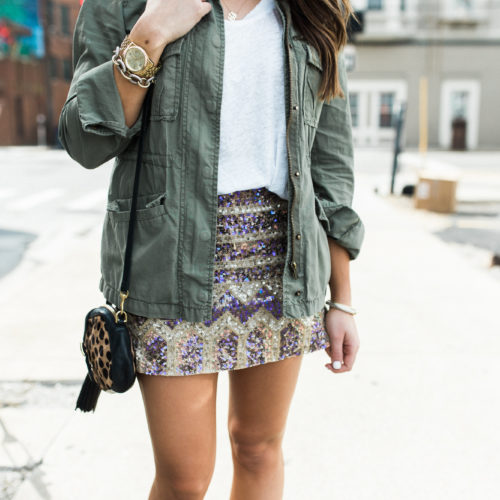 Spring Outfit Inspiration // Ft. Sequin Skirt, Utility Jacket, Clare V Handbag, David Yurman