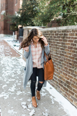 Winter Outfit Inspiration Ft. Madewell Pink Plaid Shirt, Long Cardigan, Madewell Transport Tote, Distressed Denim