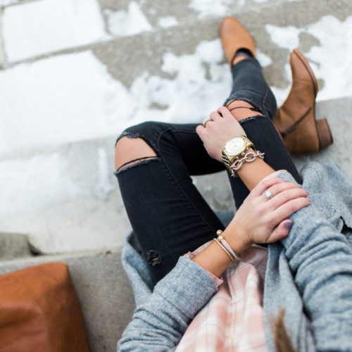 Winter Outfit Inspiration Ft. Madewell Pink Plaid Shirt, Long Cardigan, Madewell Transport Tote, Distressed Denim