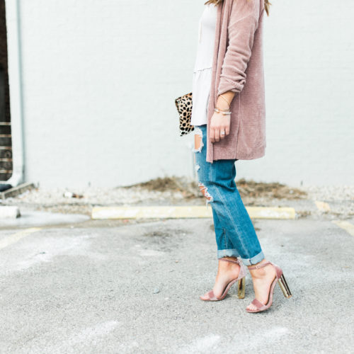 Spring Outfit Inspiration ft. Pink Cardigan, Distressed Boyfriend Jeans, Steve Madden Sandals, Leopard Clutch