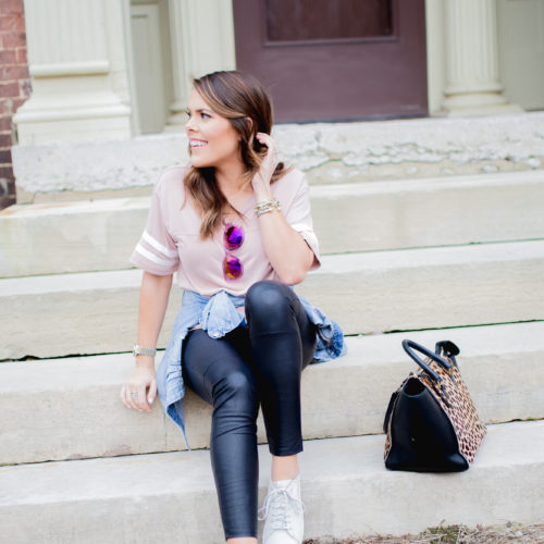 Valentine's Day Outfit Inspiration: Ft. Varsity Tee, Denim Jacket, Nike Sneakers, Clare Vivier, Faux Leather Leggings