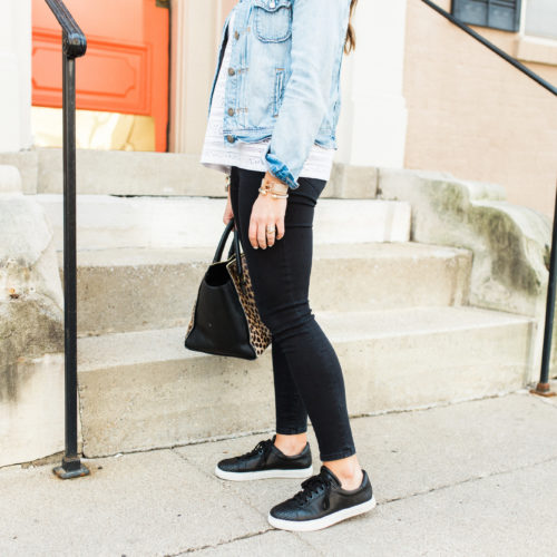 Spring Outfit Inspiration via Glitter & Gingham // White LOFT Top, Clare V Sandrine, Denim Jacket, Rebecca Minkoff Sneakers