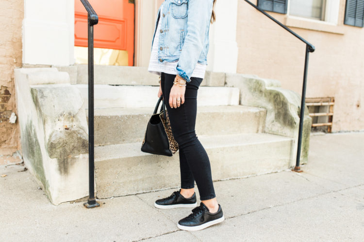 Spring Outfit Inspiration via Glitter & Gingham // White LOFT Top, Clare V Sandrine, Denim Jacket, Rebecca Minkoff Sneakers