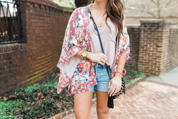 Spring Style Inspiration via Glitter & Gingham / Anthropologie Floral Kimono / the perfect denim cutoffs / spring outfit ideas