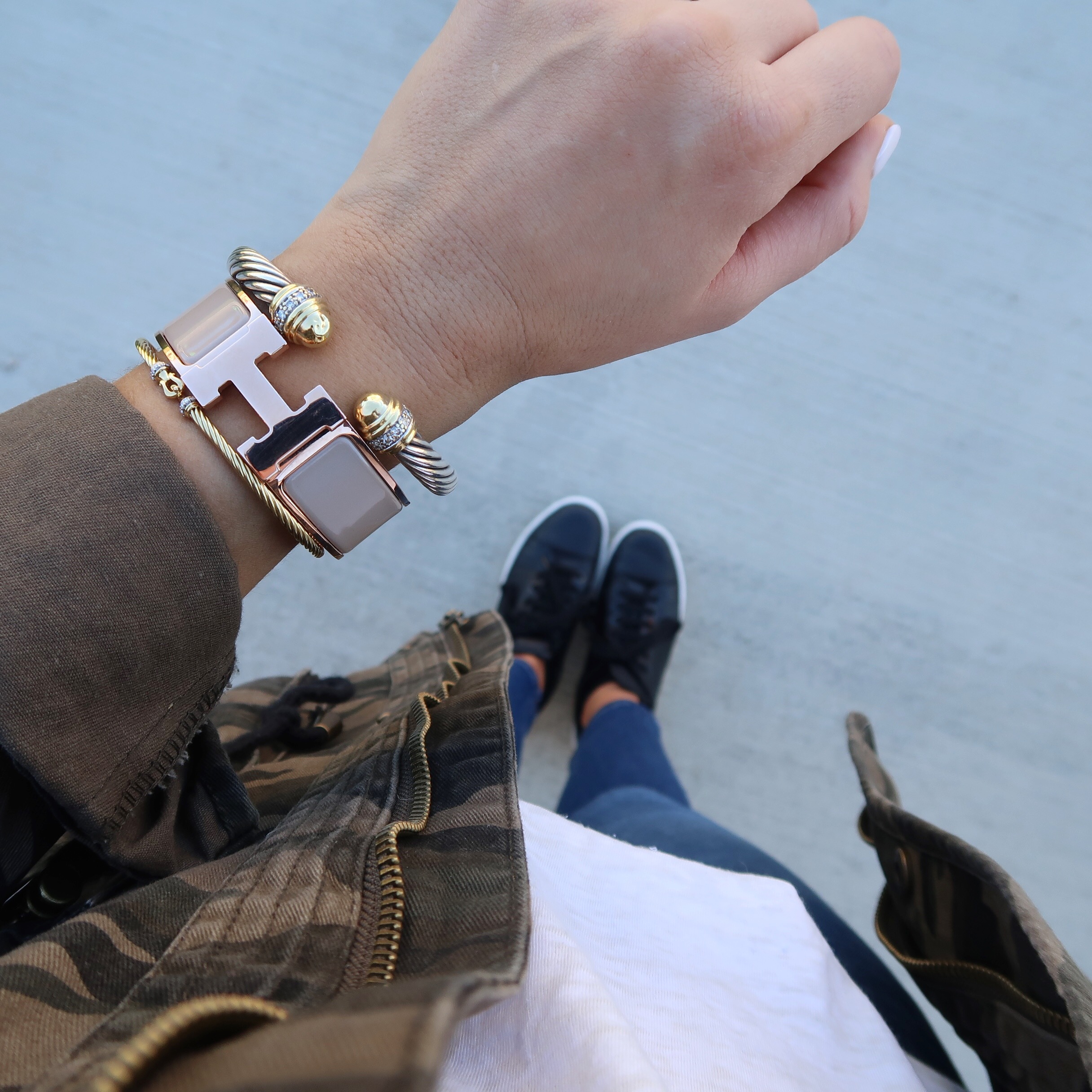 Spring Style via Glitter & Gingham // Hermes Bracelet, Camo Jacket