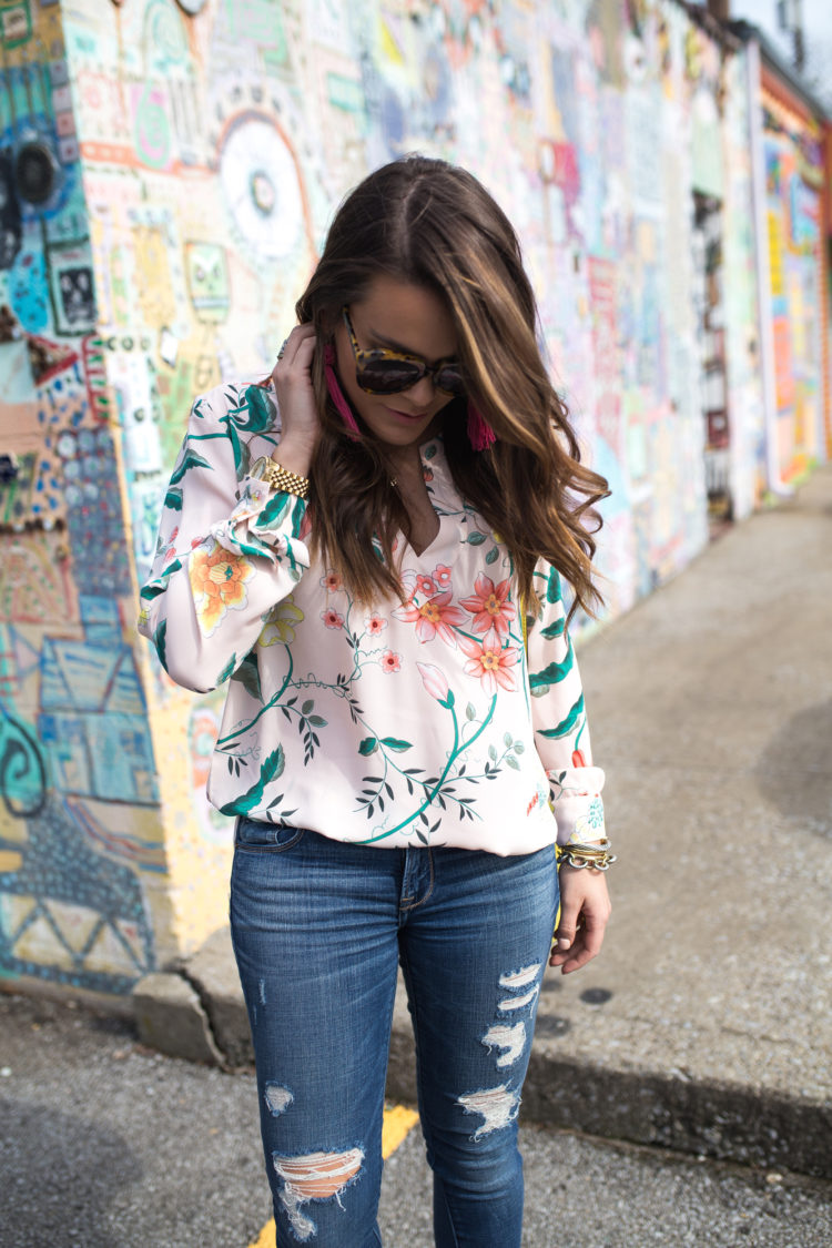 LOFT Pink Floral Top via Glitter & Gingham // LOFT Top, Henri Bendel Bag, Distressed Denim, Steve Madden Sandals // Spring Style // How to wear distressed jeans