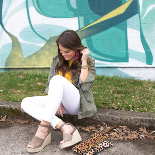 LOFT Lace Tank via Glitter & Gingham // White Jeans, Espadrille Wedges, Utility Jacket, Leopard Clutch, Tassel Earrings // Spring Style // How to wear white jeans