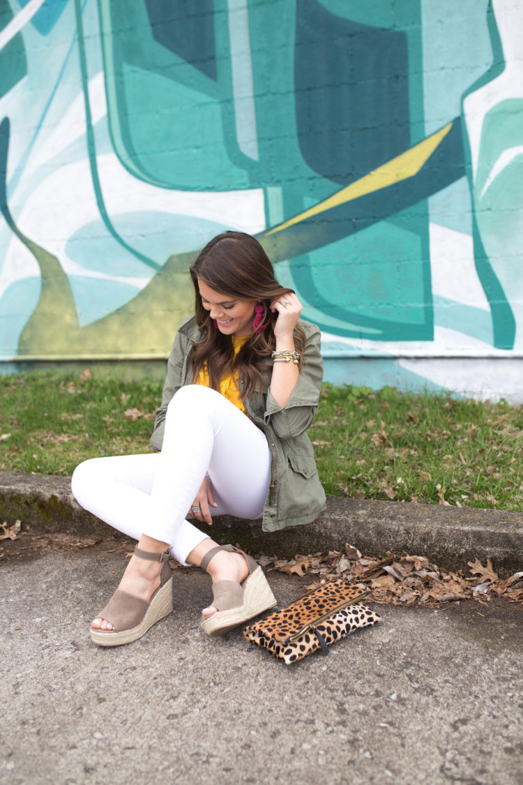 LOFT Lace Tank via Glitter & Gingham // White Jeans, Espadrille Wedges, Utility Jacket, Leopard Clutch, Tassel Earrings // Spring Style // How to wear white jeans