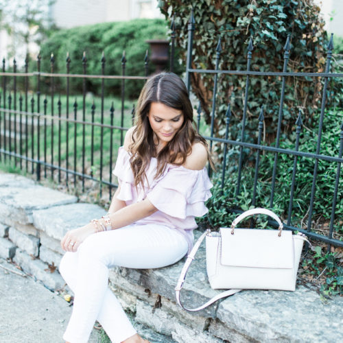 Spring Style via Glitter & Gingham // Ruffle Off The Shoulder Top, How to wear white jeans, lace up sandals, henri bendel bag