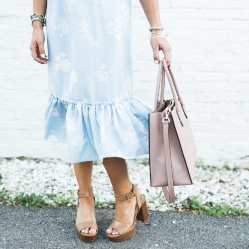 Off the shoulder midi dress // Michael Kors platform sandals