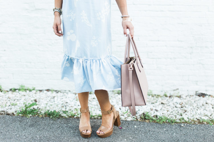 Off the shoulder midi dress // Michael Kors platform sandals