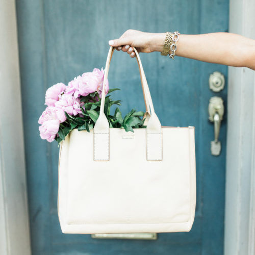 gingham shorts / pink peonies / frye tote