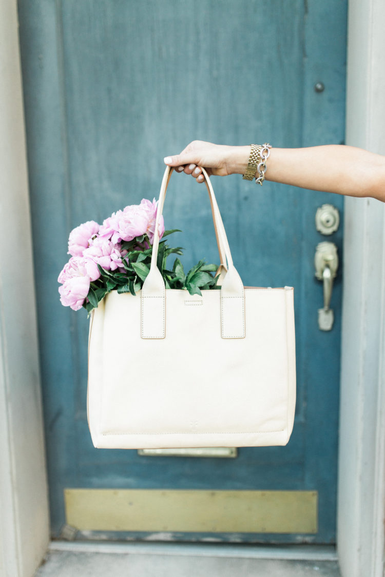 gingham shorts / pink peonies / frye tote