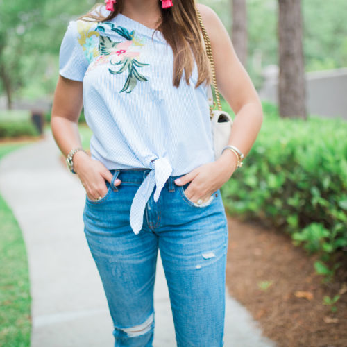 Best Boyfriend Jeans / Embroidered One Shoulder Top