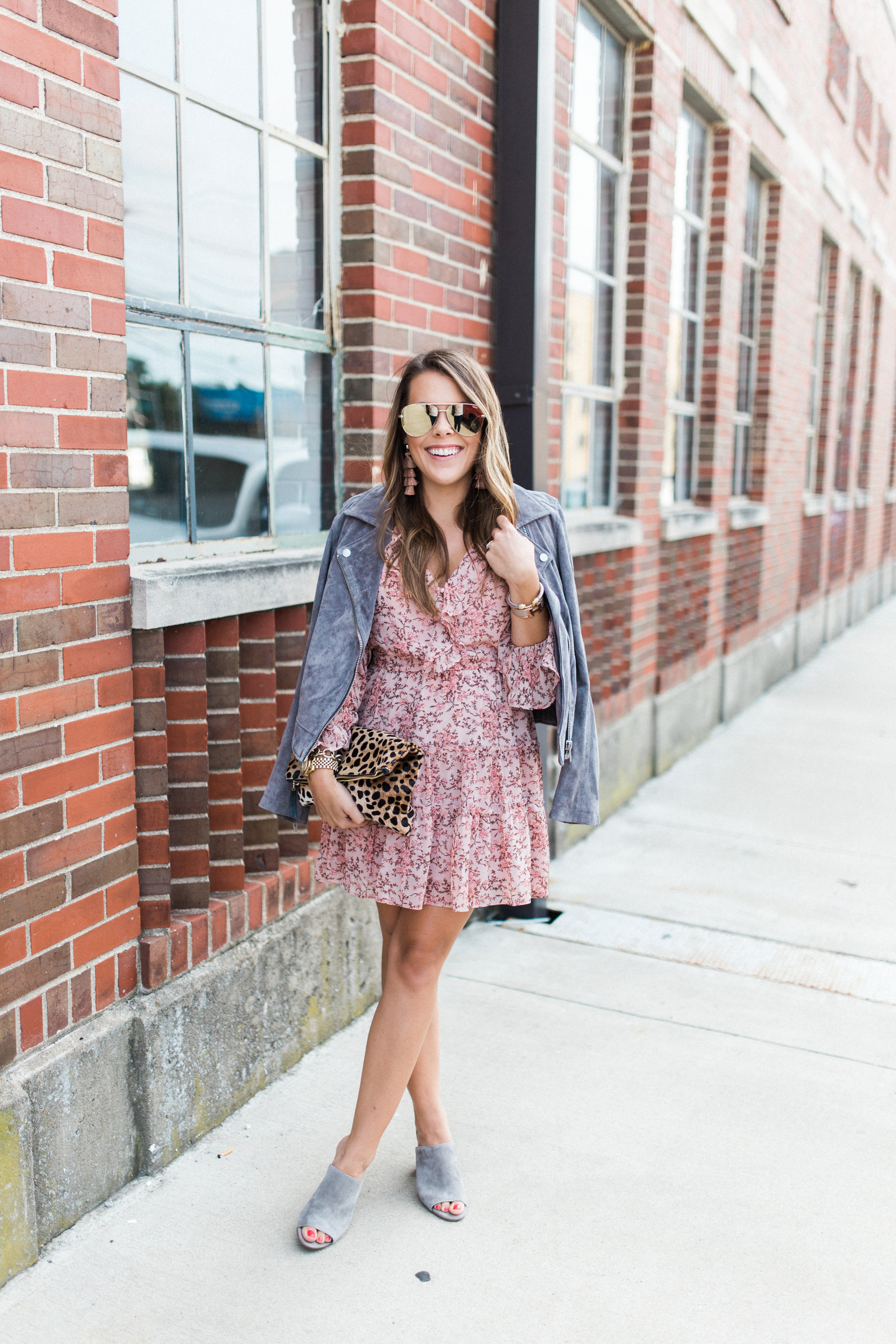 Fall Floral Dress / Suede Jacket / How to wear mules