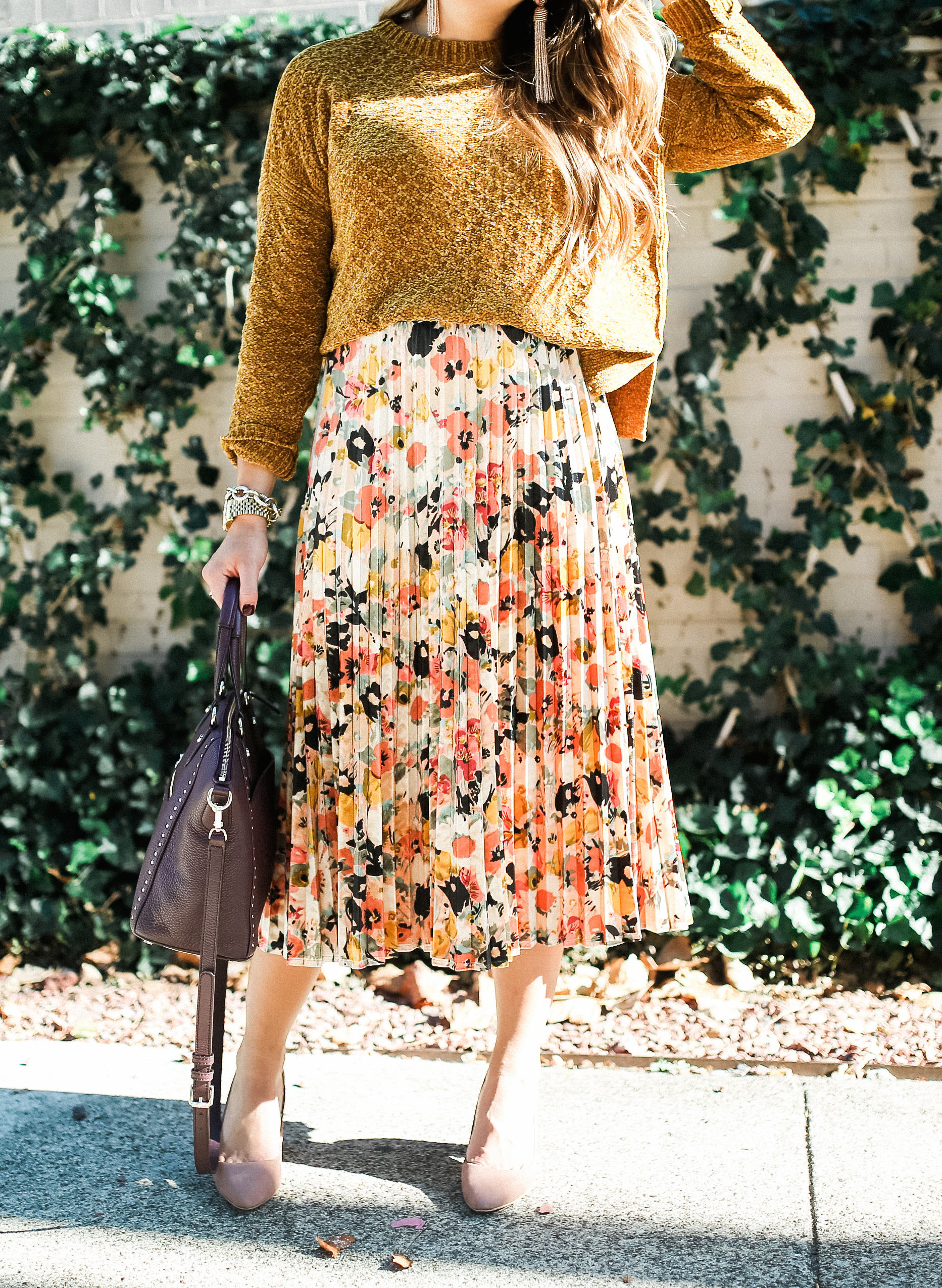 Floral Pleated Midi Skirt / Fall Work Wear Ideas