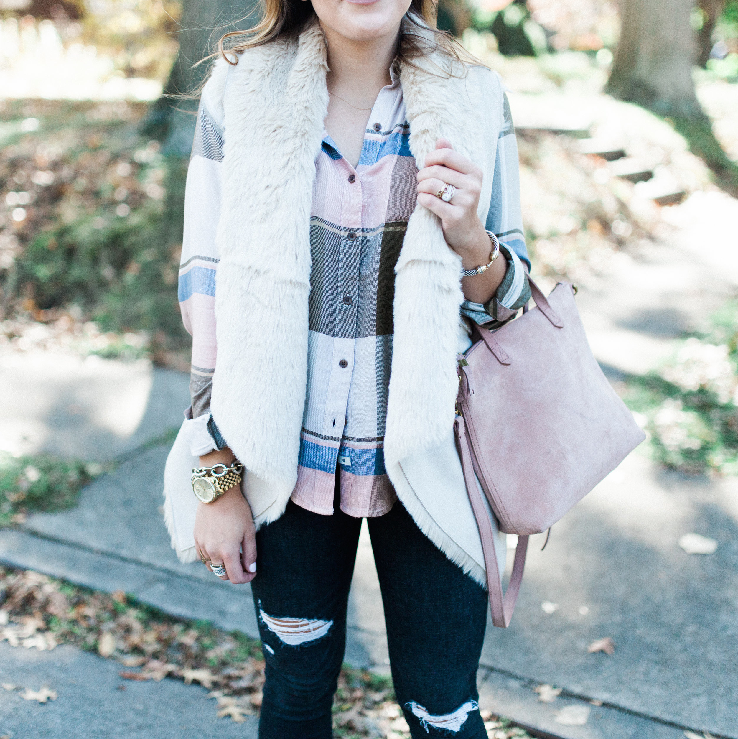 Faux Fur Vest & Plaid Shirt / Fall Outfit