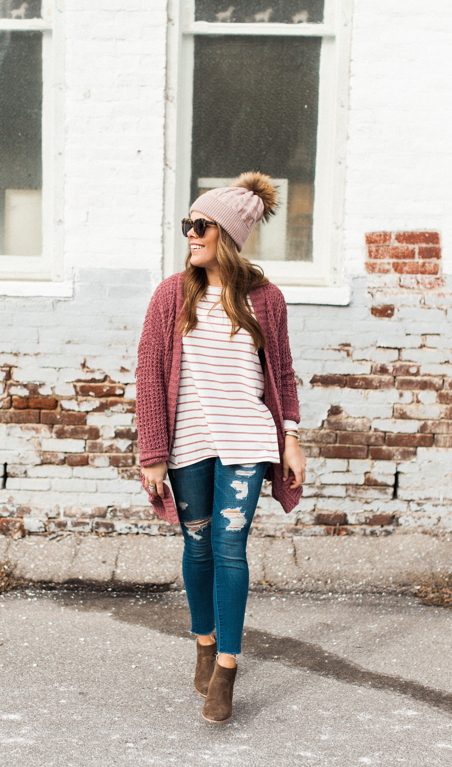 Winter Outfit Idea via Glitter & Gingham / ft. Pink Cardigan, the BEST Stripe Tee