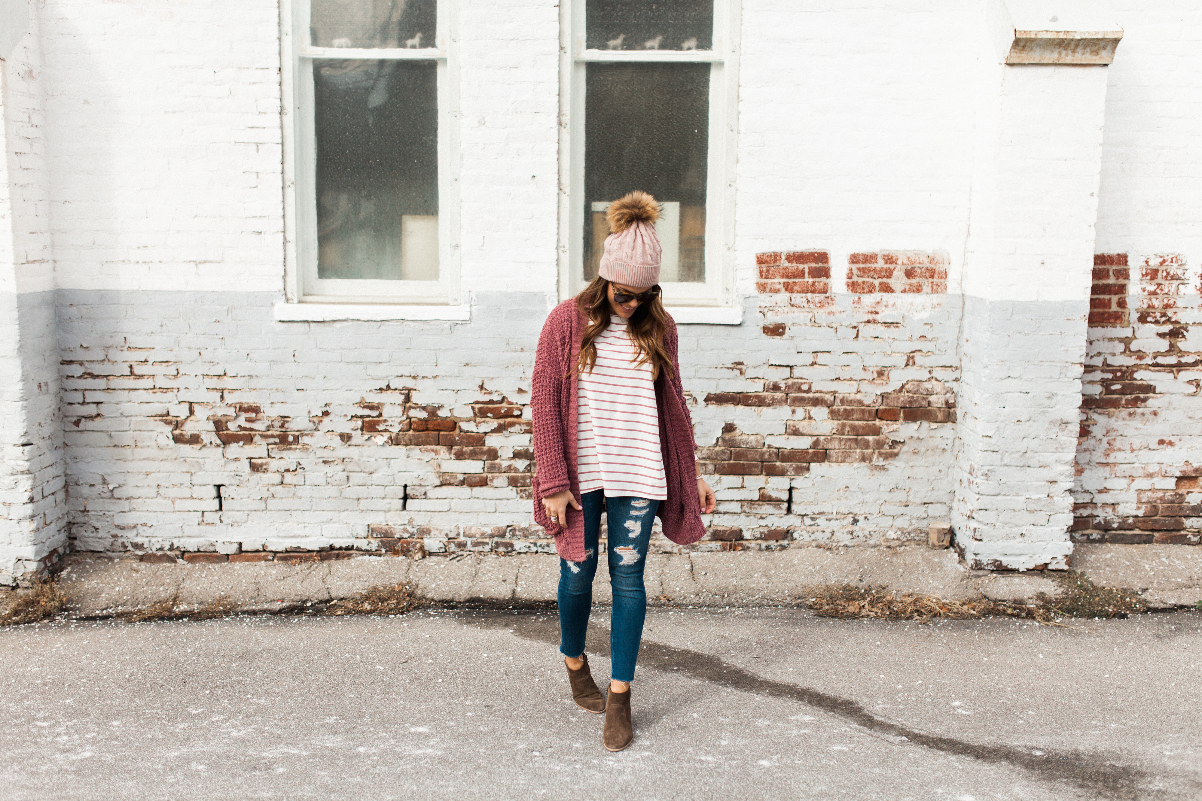 Winter Outfit Idea via Glitter & Gingham / ft. Pink Cardigan, the BEST Stripe Tee