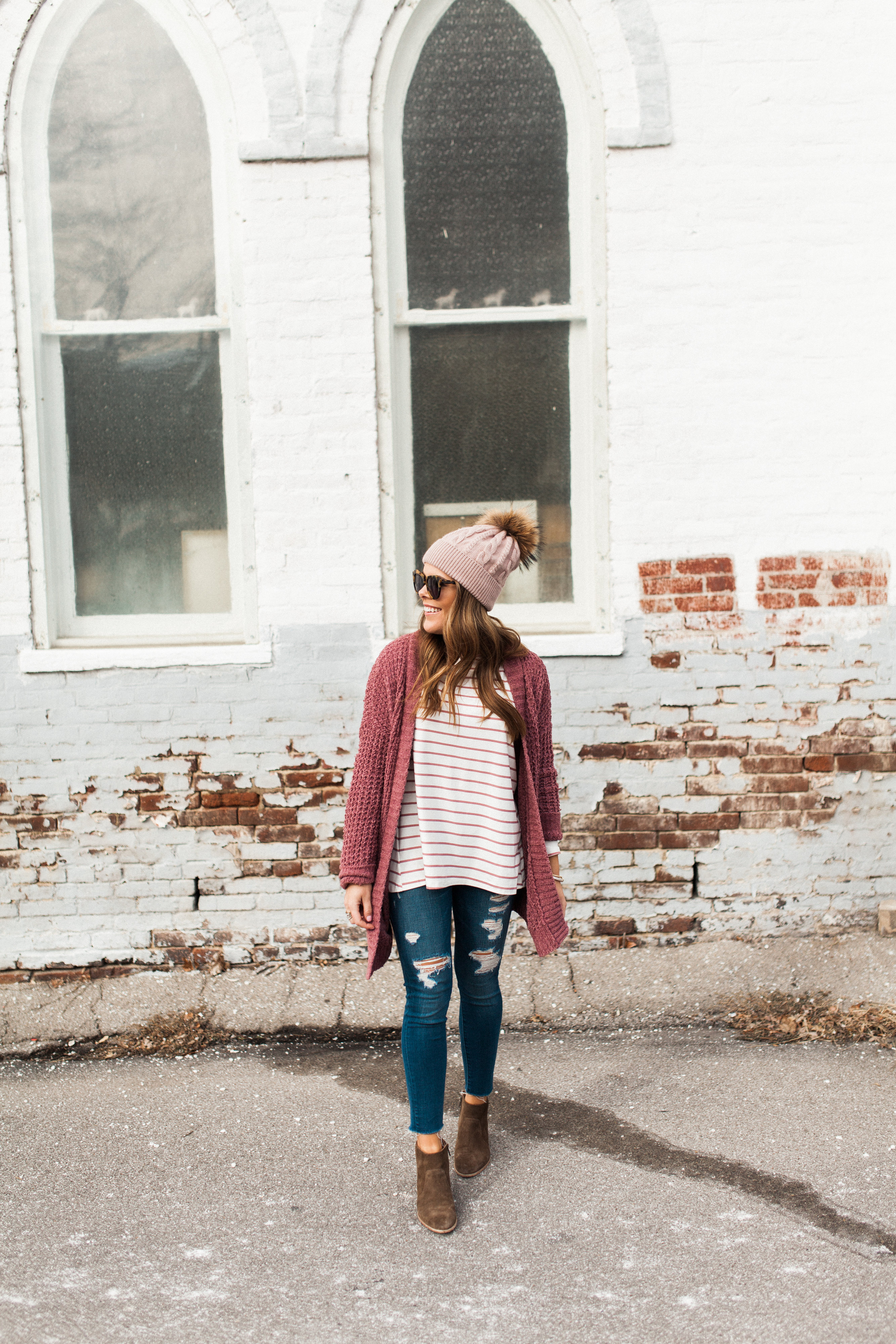 Winter Outfit Idea via Glitter & Gingham / ft. Pink Cardigan, the BEST Stripe Tee