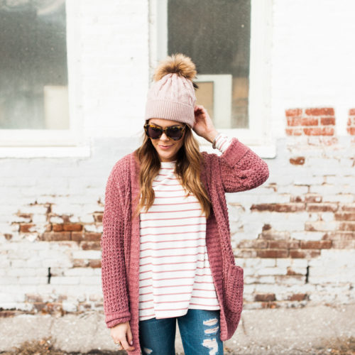 Winter Outfit Idea via Glitter & Gingham / ft. Pink Cardigan, the BEST Basic Tee for Winter