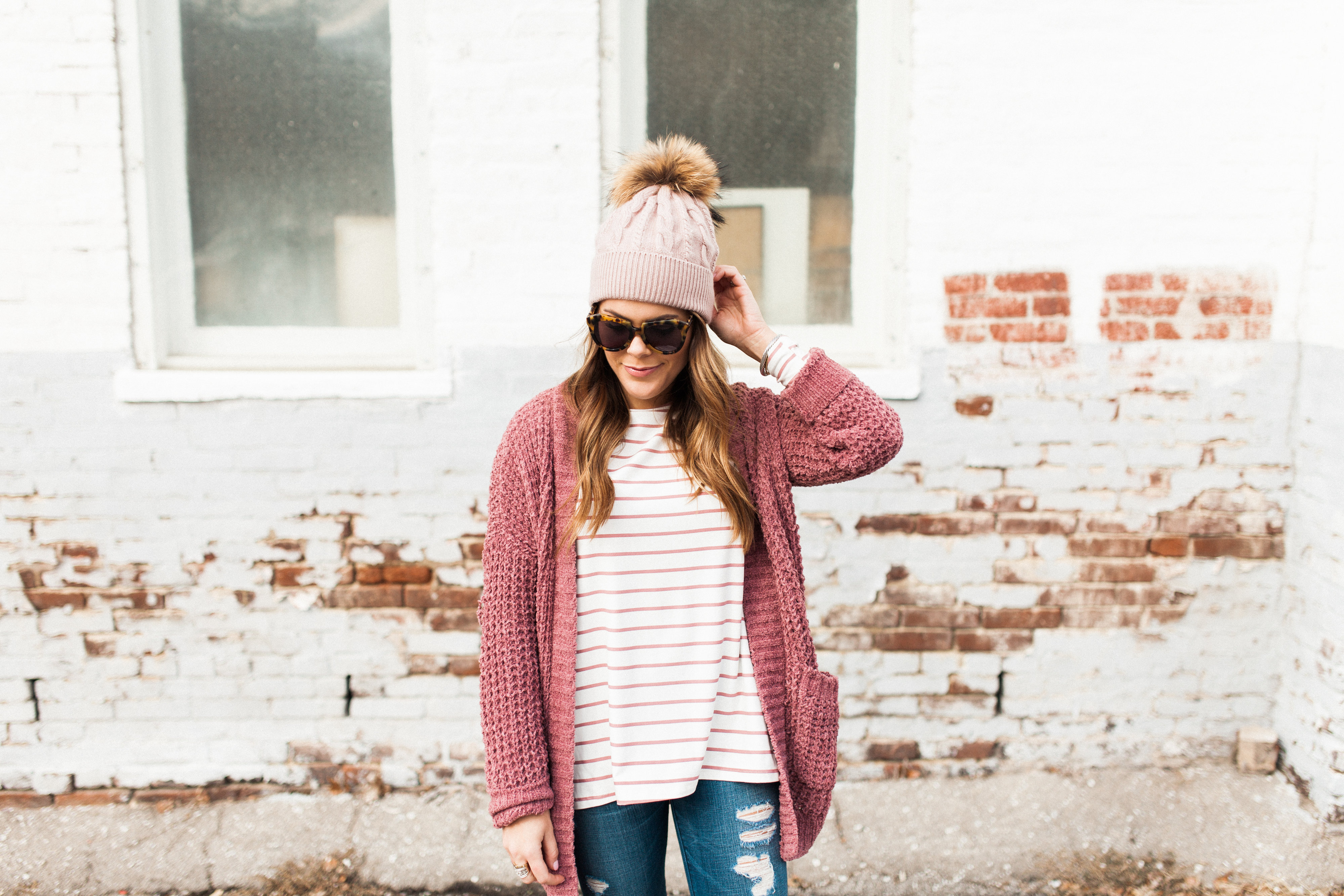 Winter Outfit Idea via Glitter & Gingham / ft. Pink Cardigan, the BEST Stripe Tee