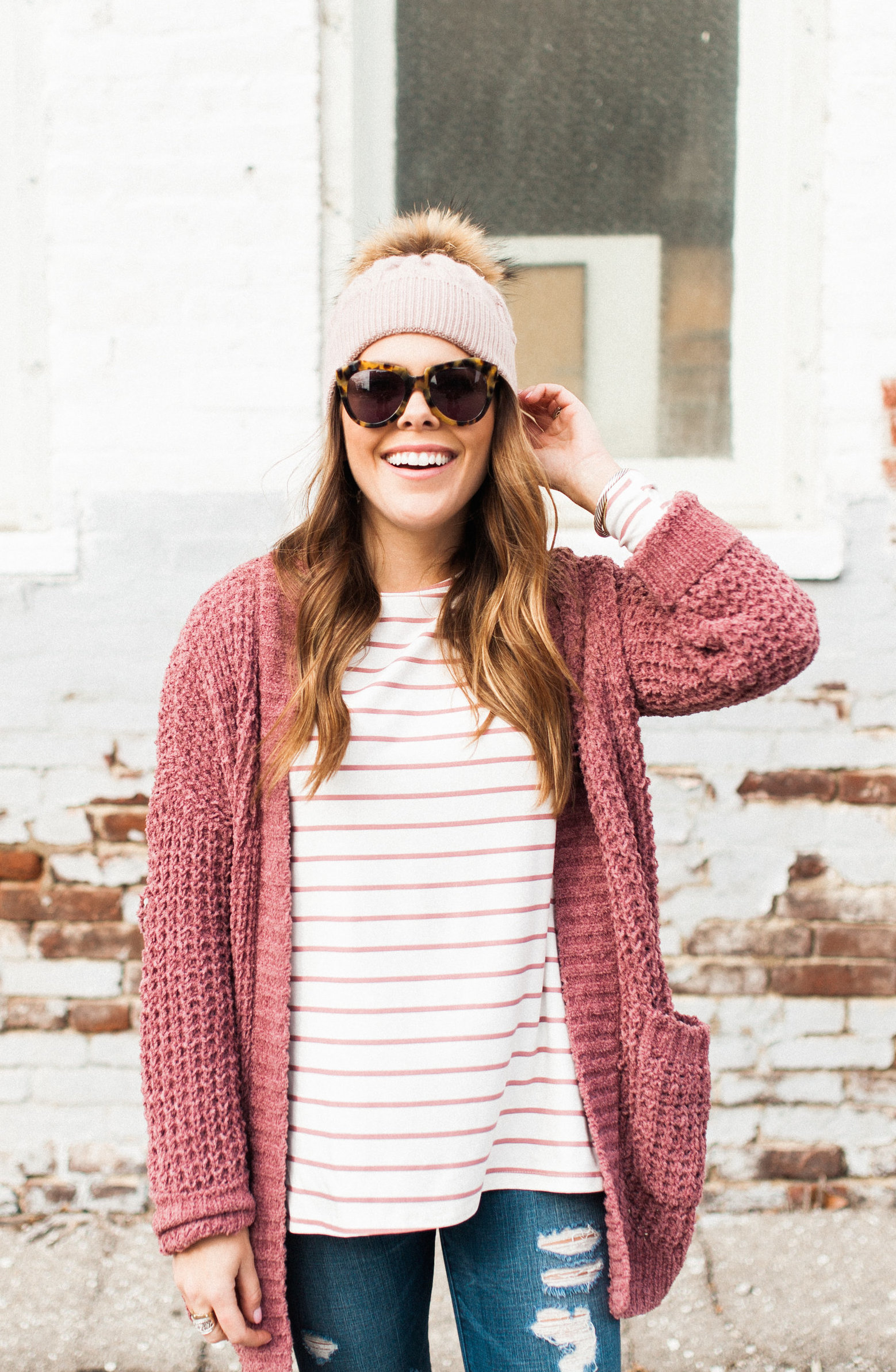 Winter Outfit Idea via Glitter & Gingham / ft. Pink Cardigan, the BEST Stripe Tee