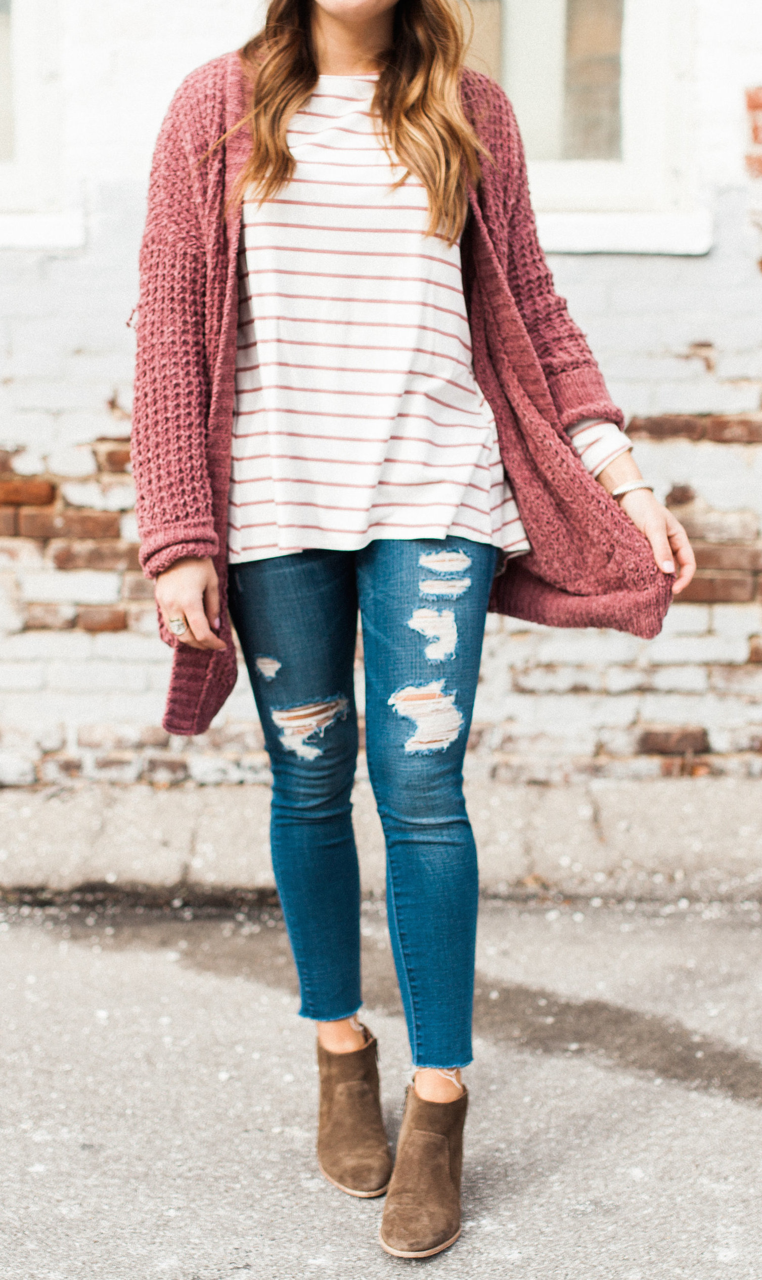 Winter Outfit Idea via Glitter & Gingham / ft. Pink Cardigan, the BEST Stripe Tee