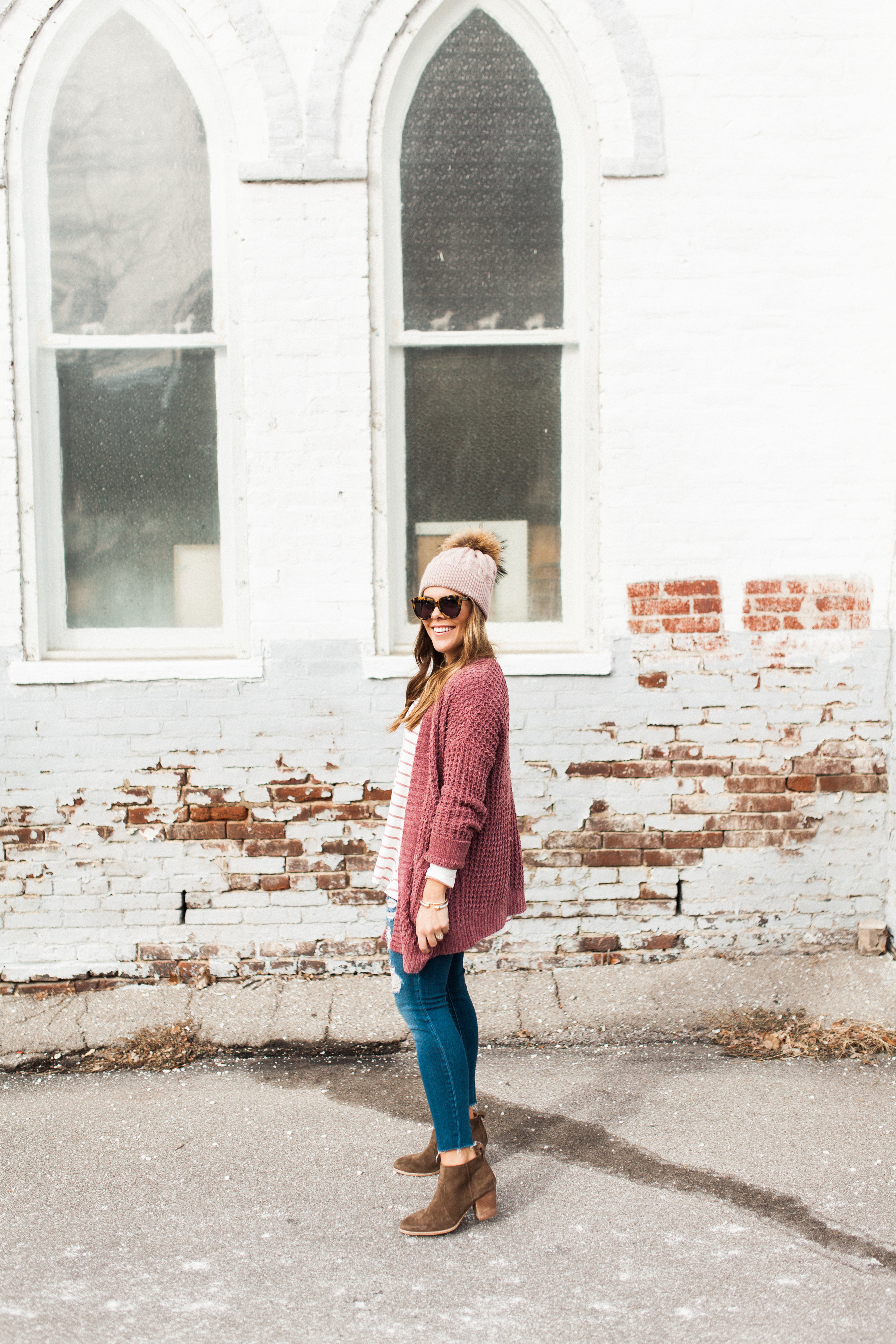 Winter Outfit Idea via Glitter & Gingham / ft. Pink Cardigan, the BEST Stripe Tee