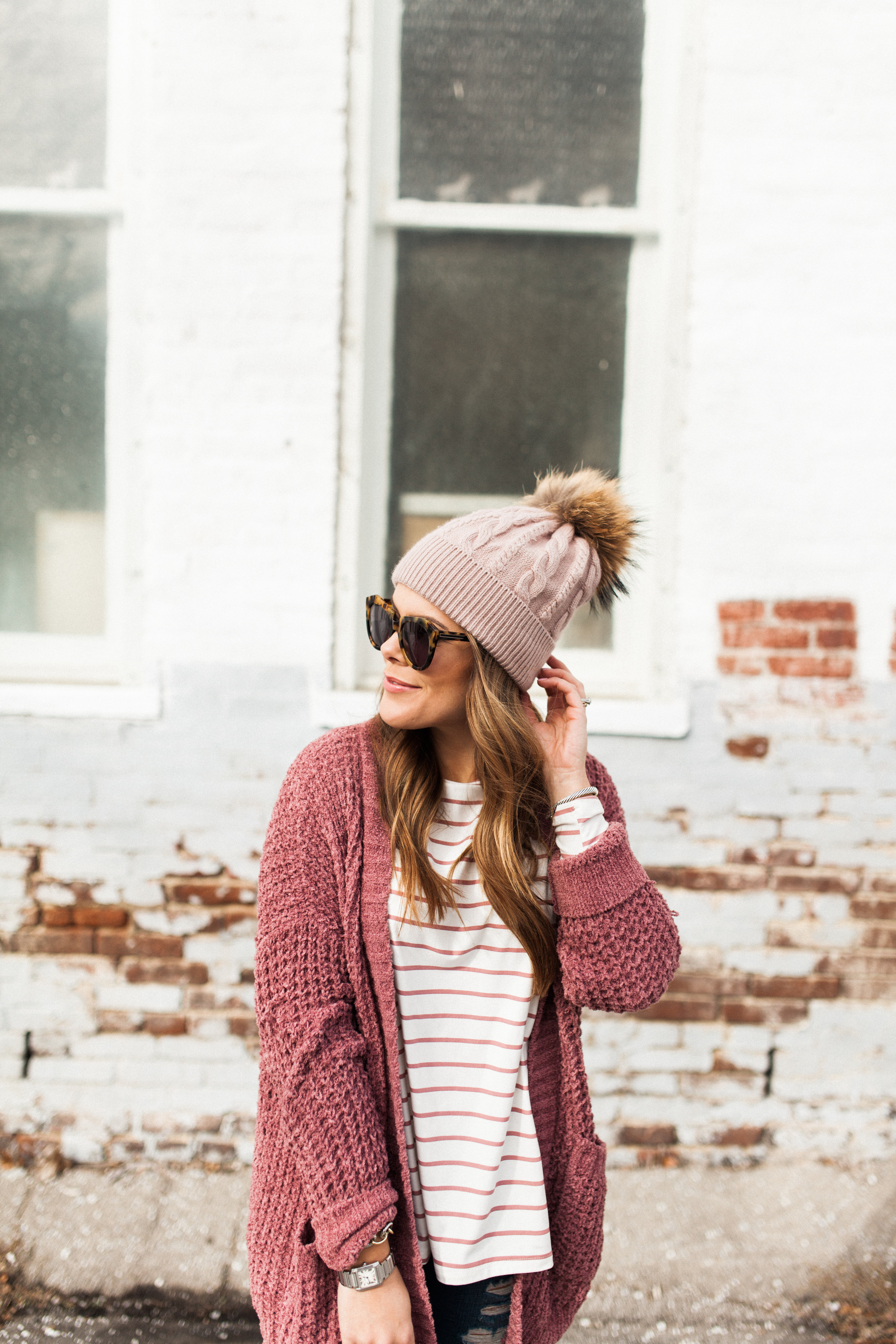 Winter Outfit Idea via Glitter & Gingham / ft. Pink Cardigan, the BEST Stripe Tee