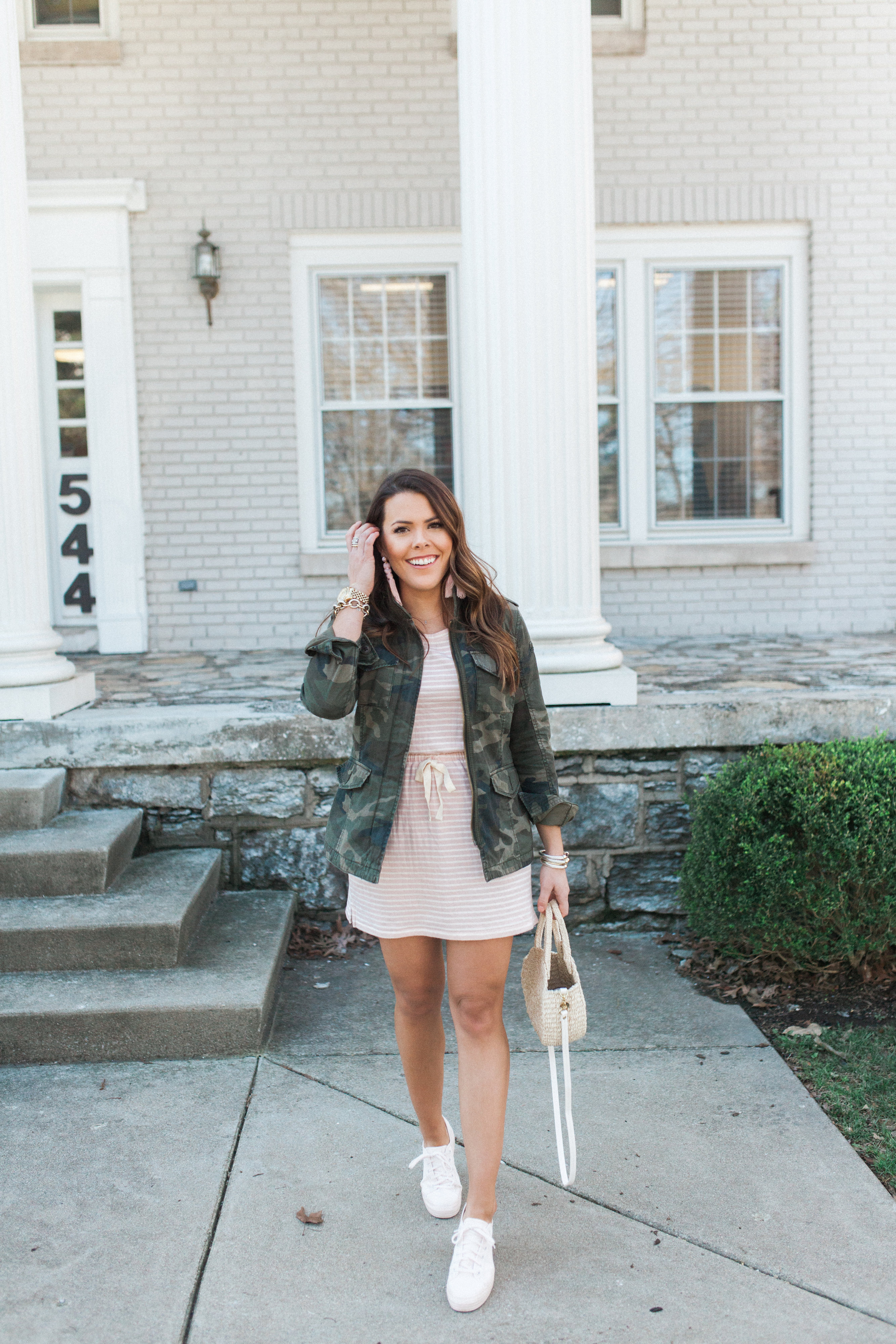 Cotton Stripe Dress / Camo Jacket