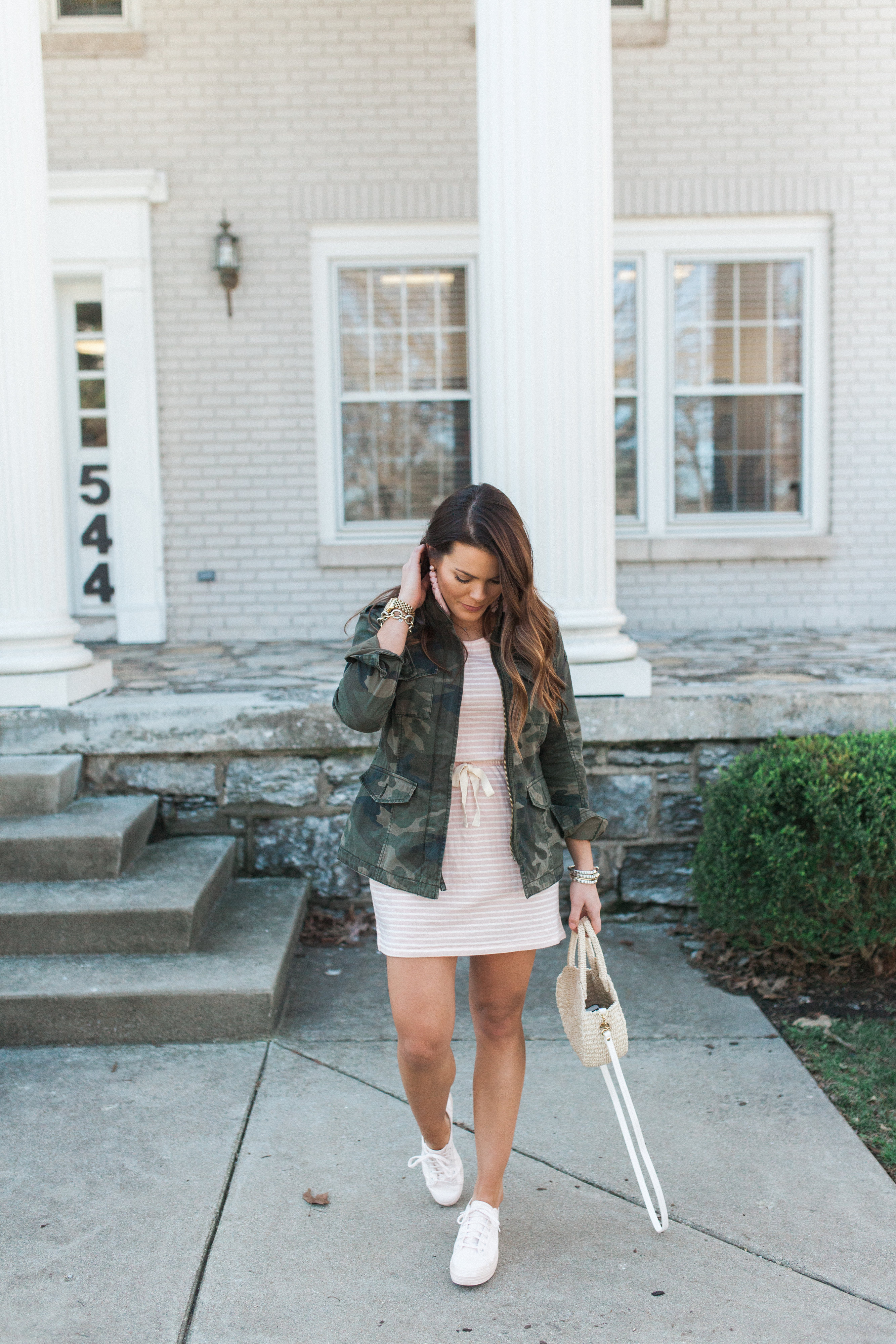 Cotton Stripe Dress / Camo Jacket