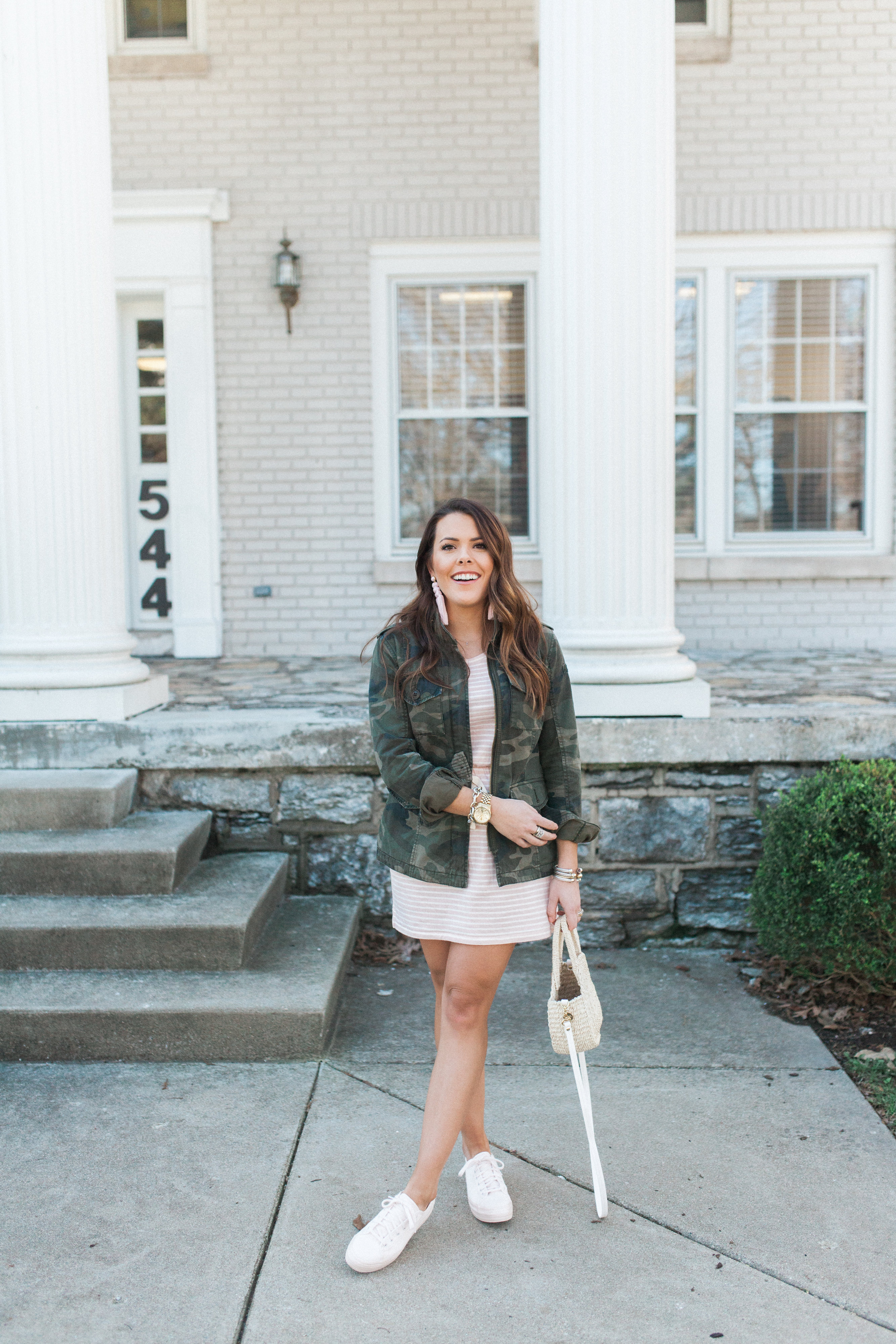 Cotton Stripe Dress / Camo Jacket