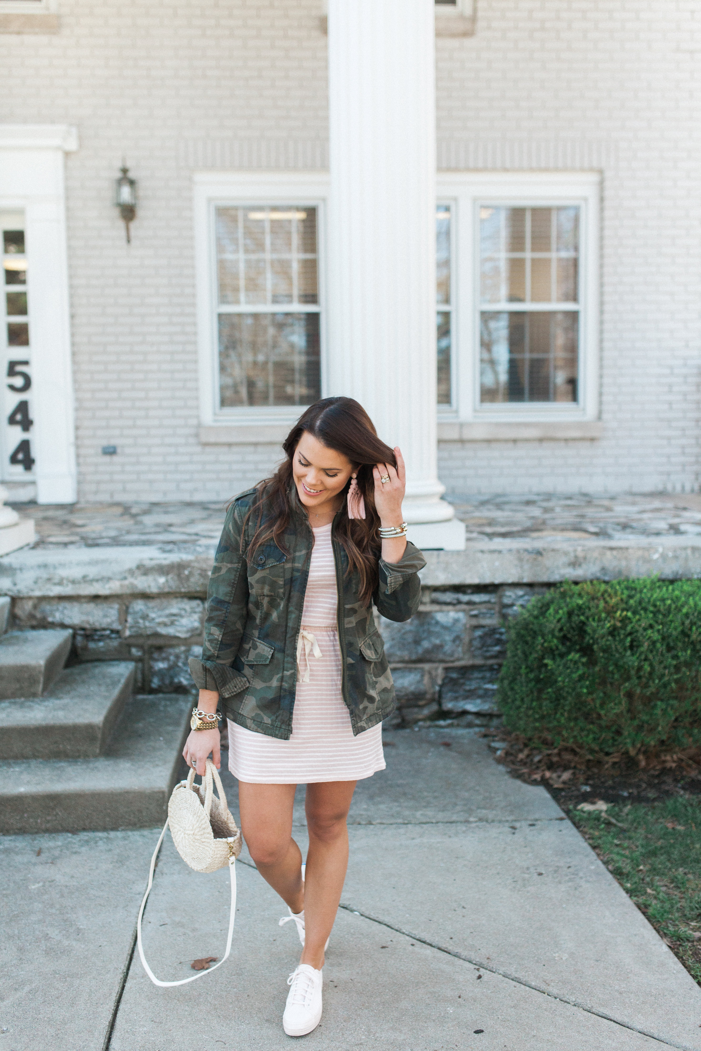 Cotton Stripe Dress / Camo Jacket