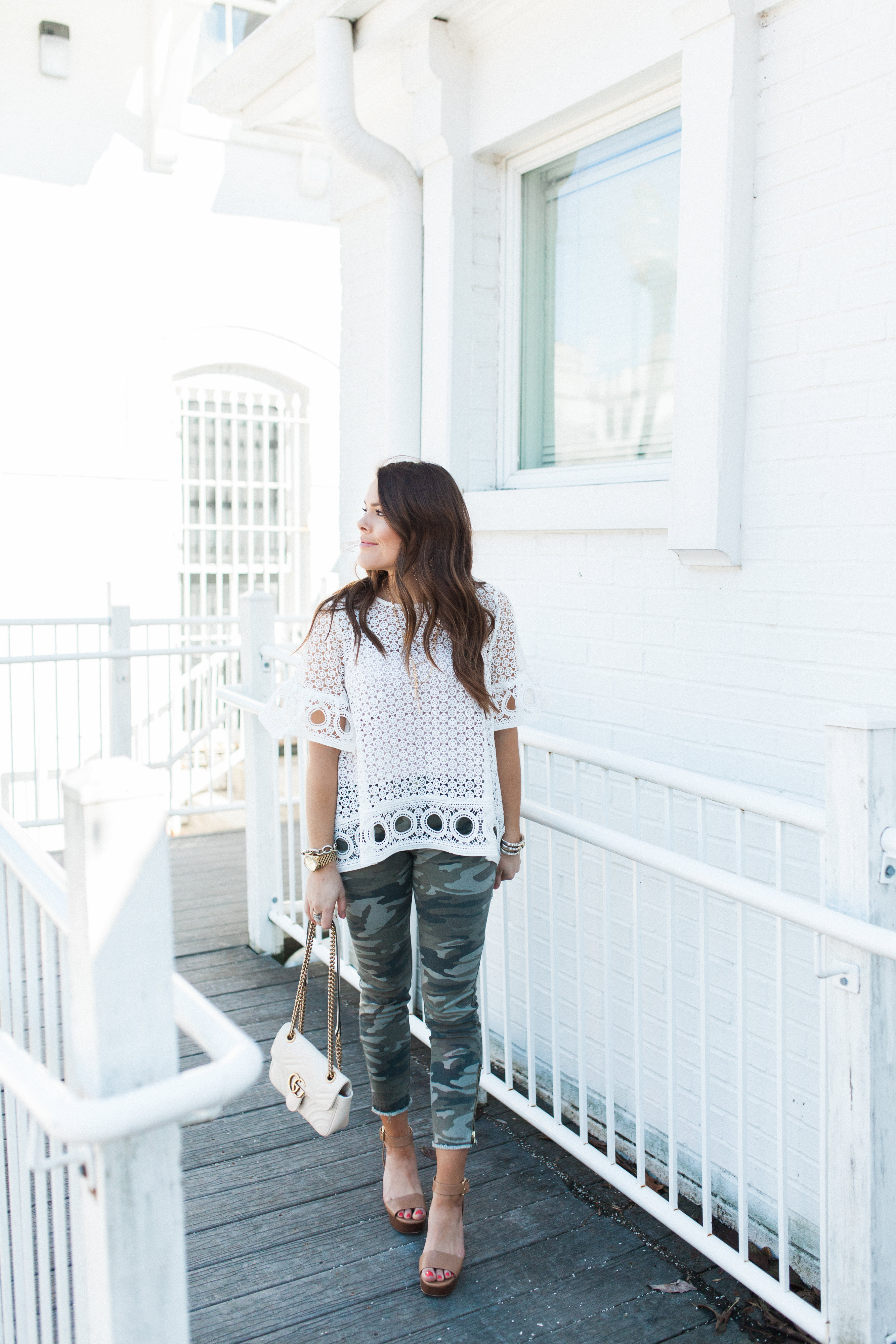 Eyelet White Blouse / Camo Pants 