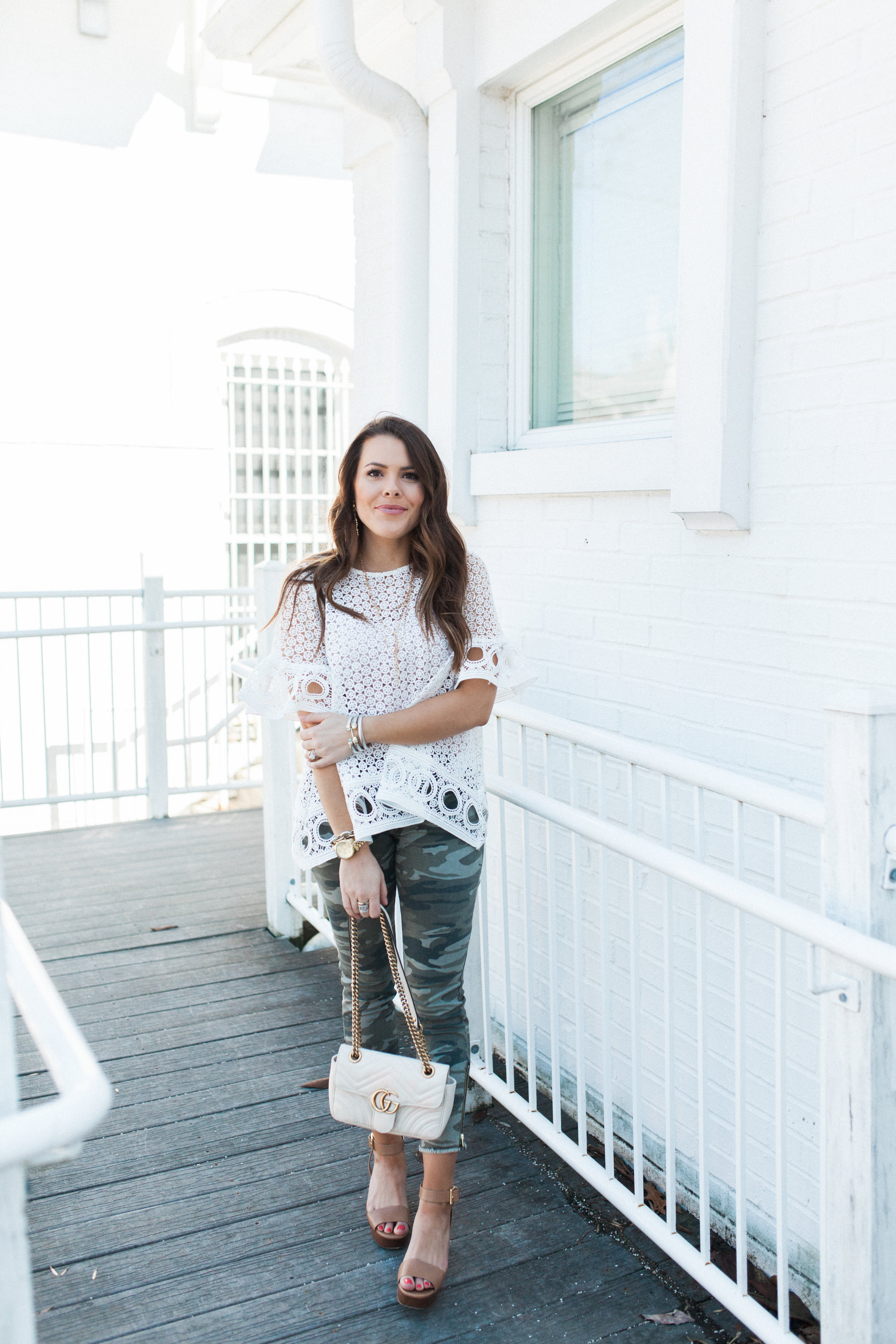 Eyelet White Blouse / Camo Pants 