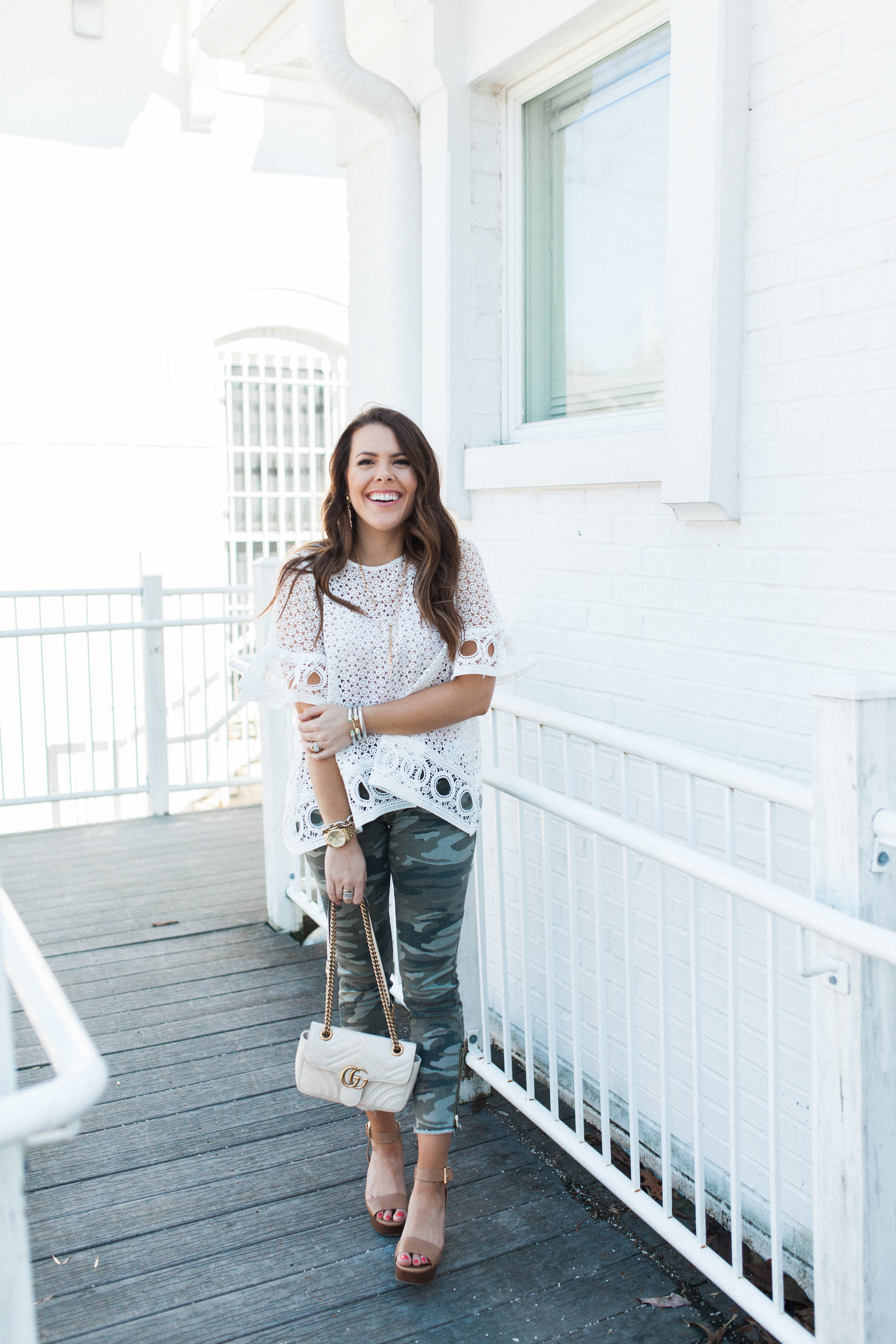 Eyelet White Blouse / Camo Pants 