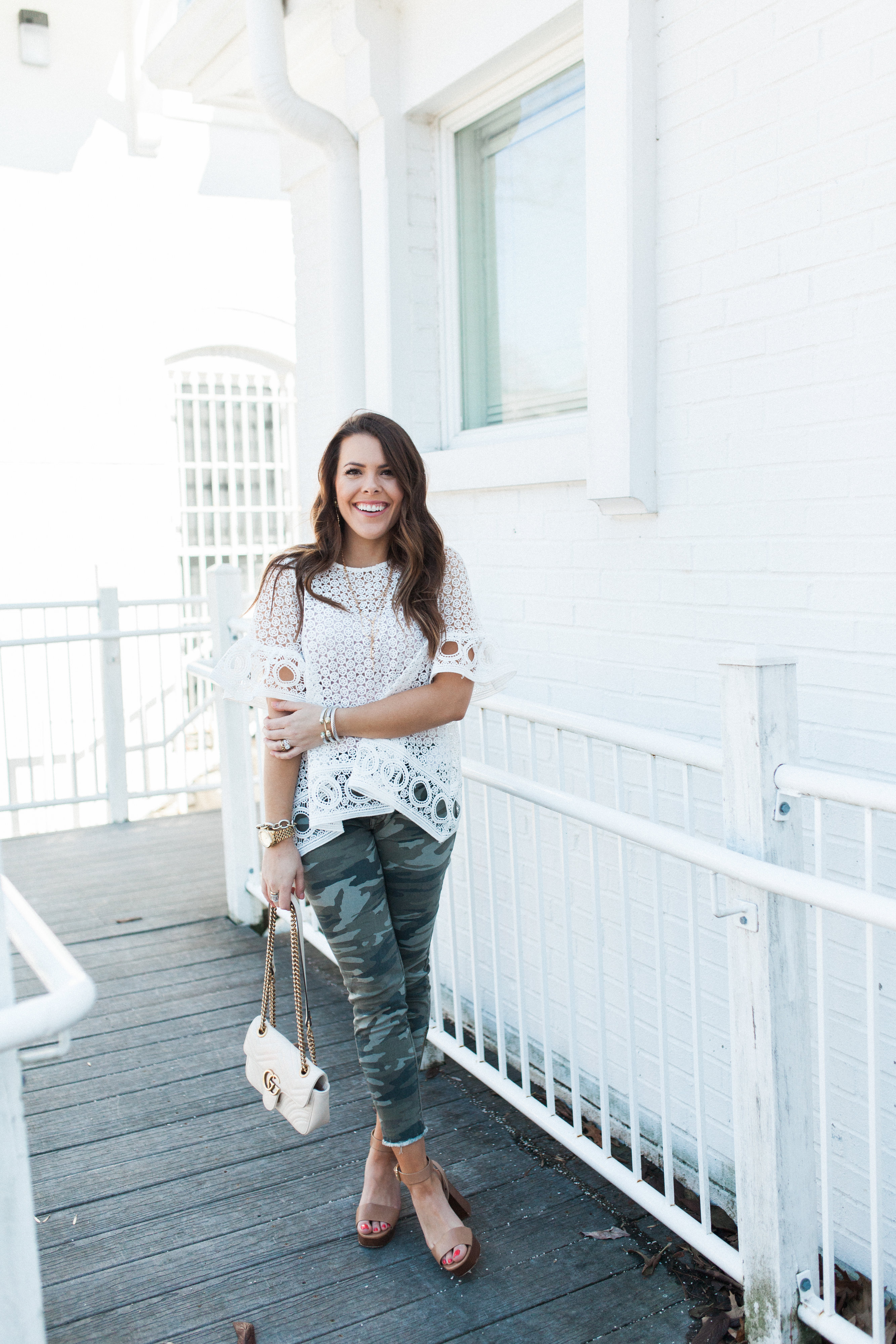 Eyelet White Blouse / Camo Pants 