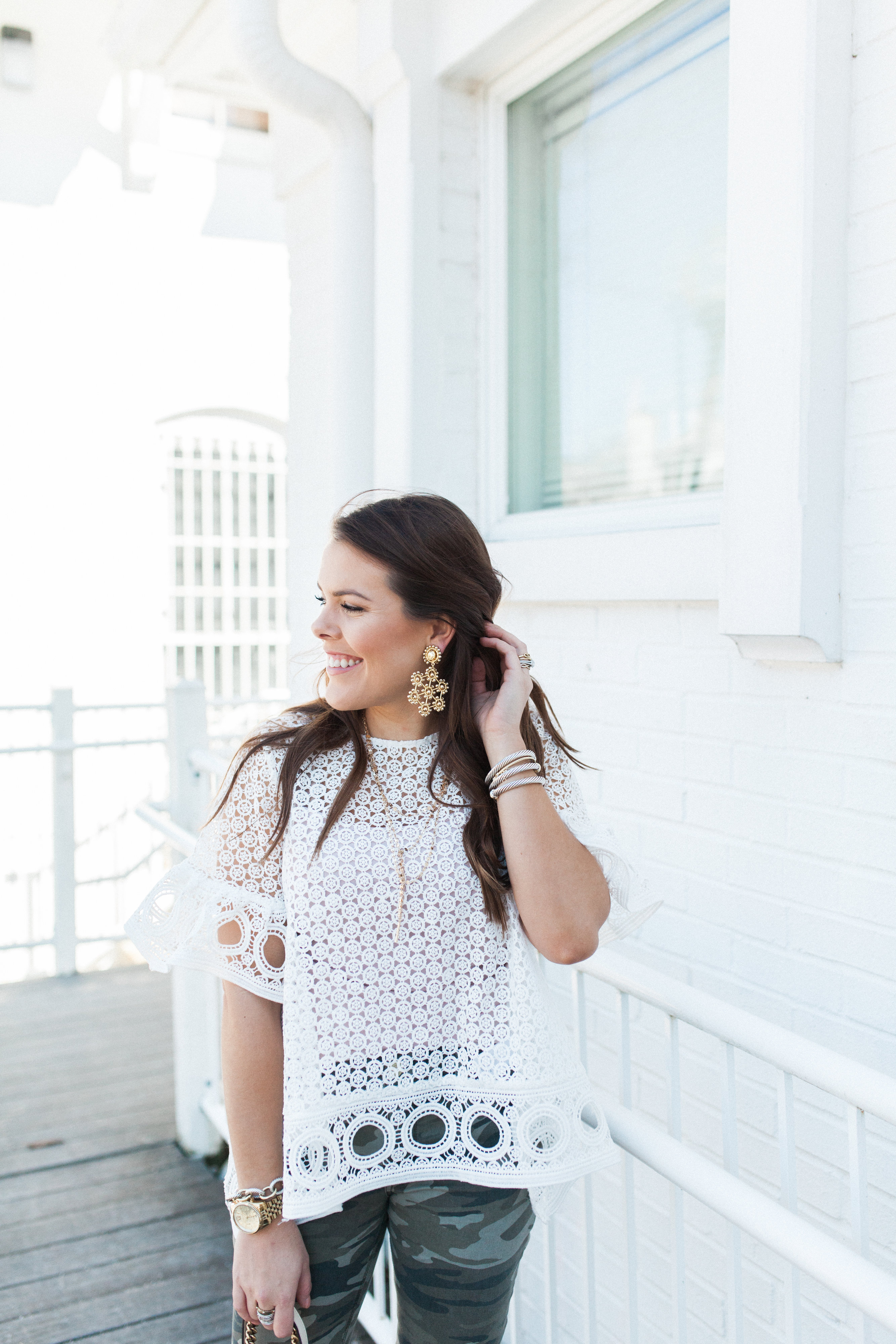 Eyelet White Blouse / Camo Pants 