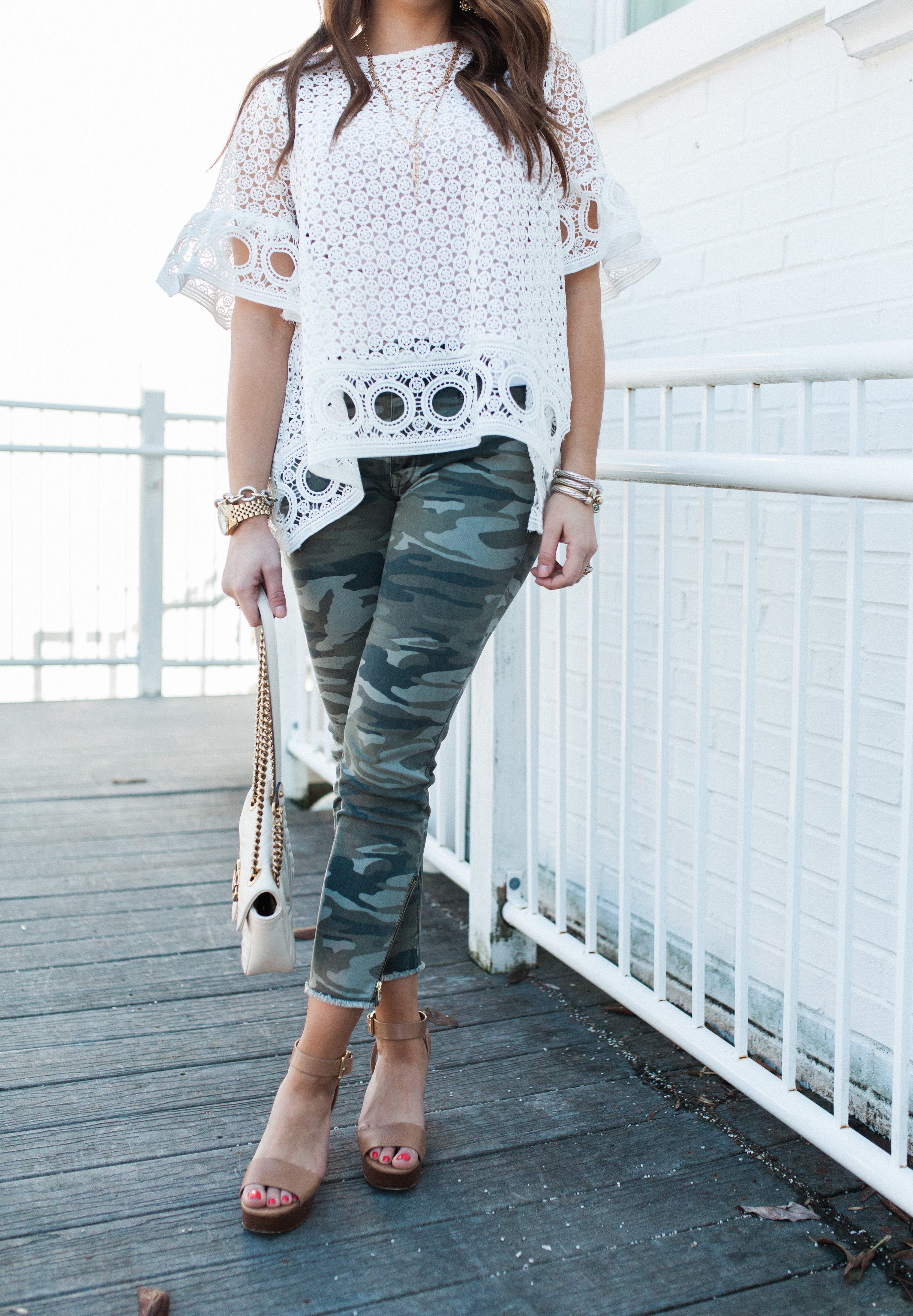 Eyelet White Blouse / Camo Pants 