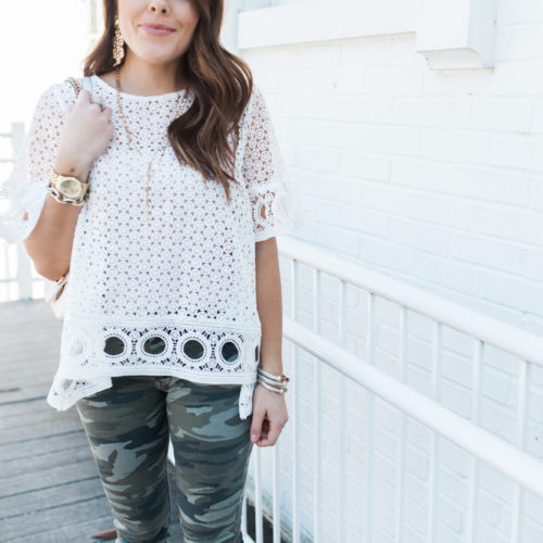 Eyelet White Blouse / Camo Pants