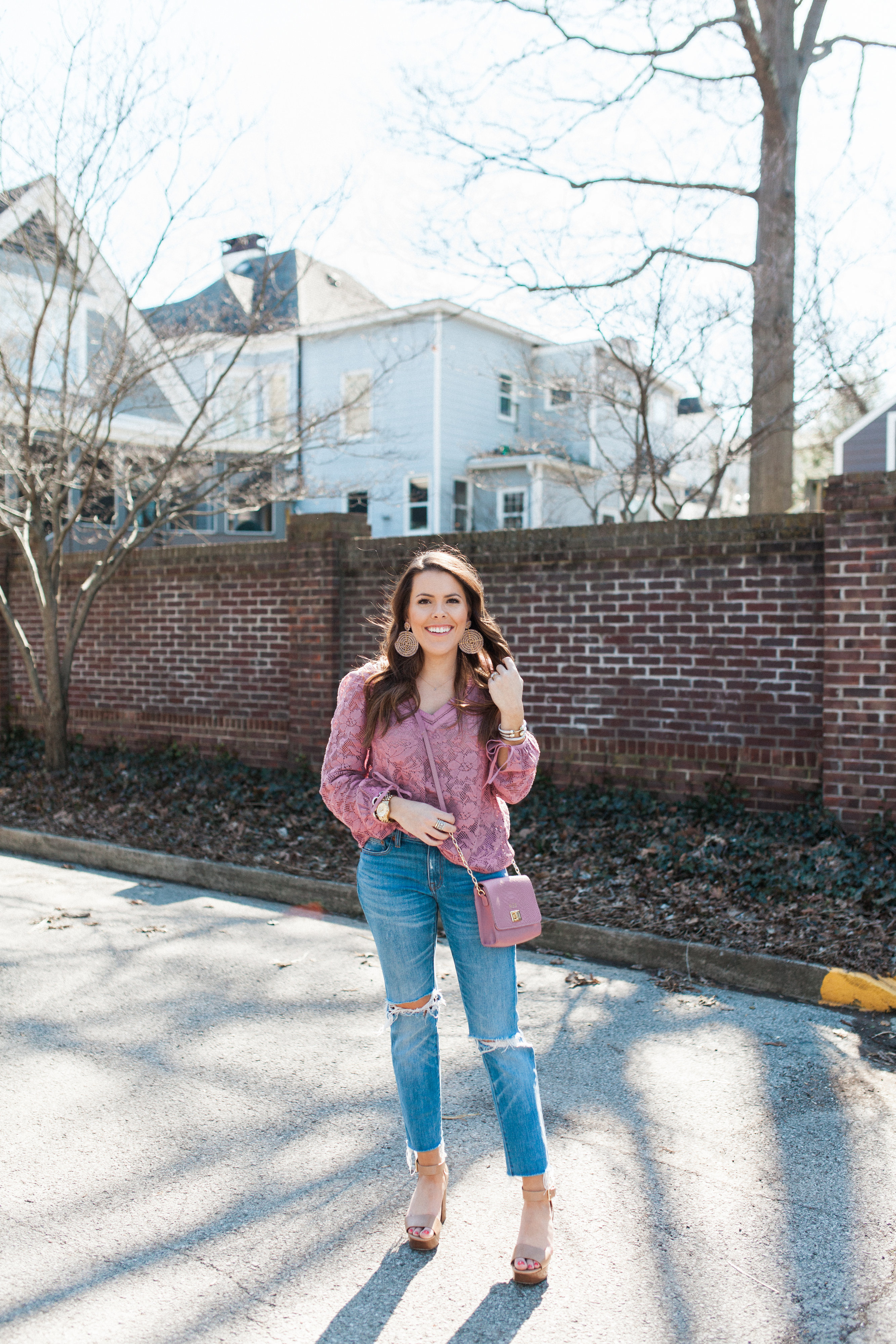 Pink Lace Top / Boyfriend Jeans 