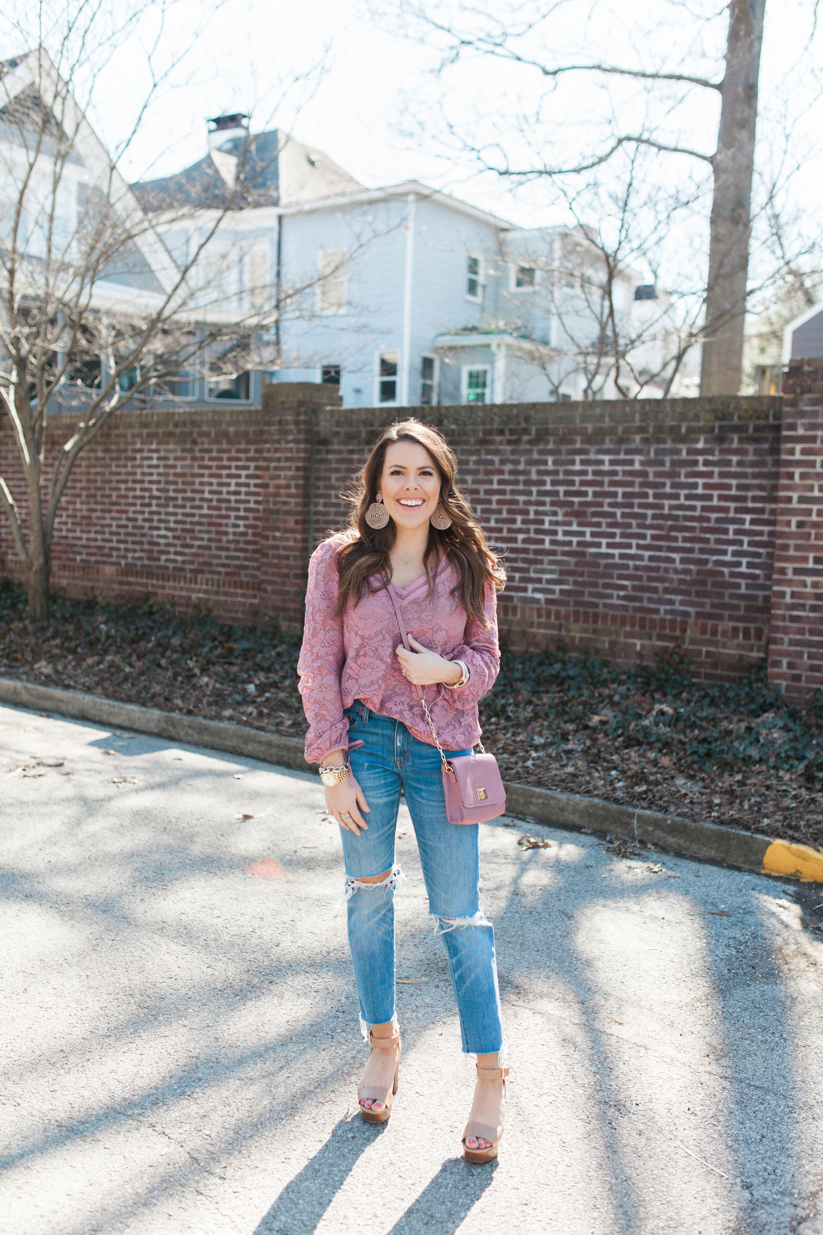 Pink Lace Top / Boyfriend Jeans 