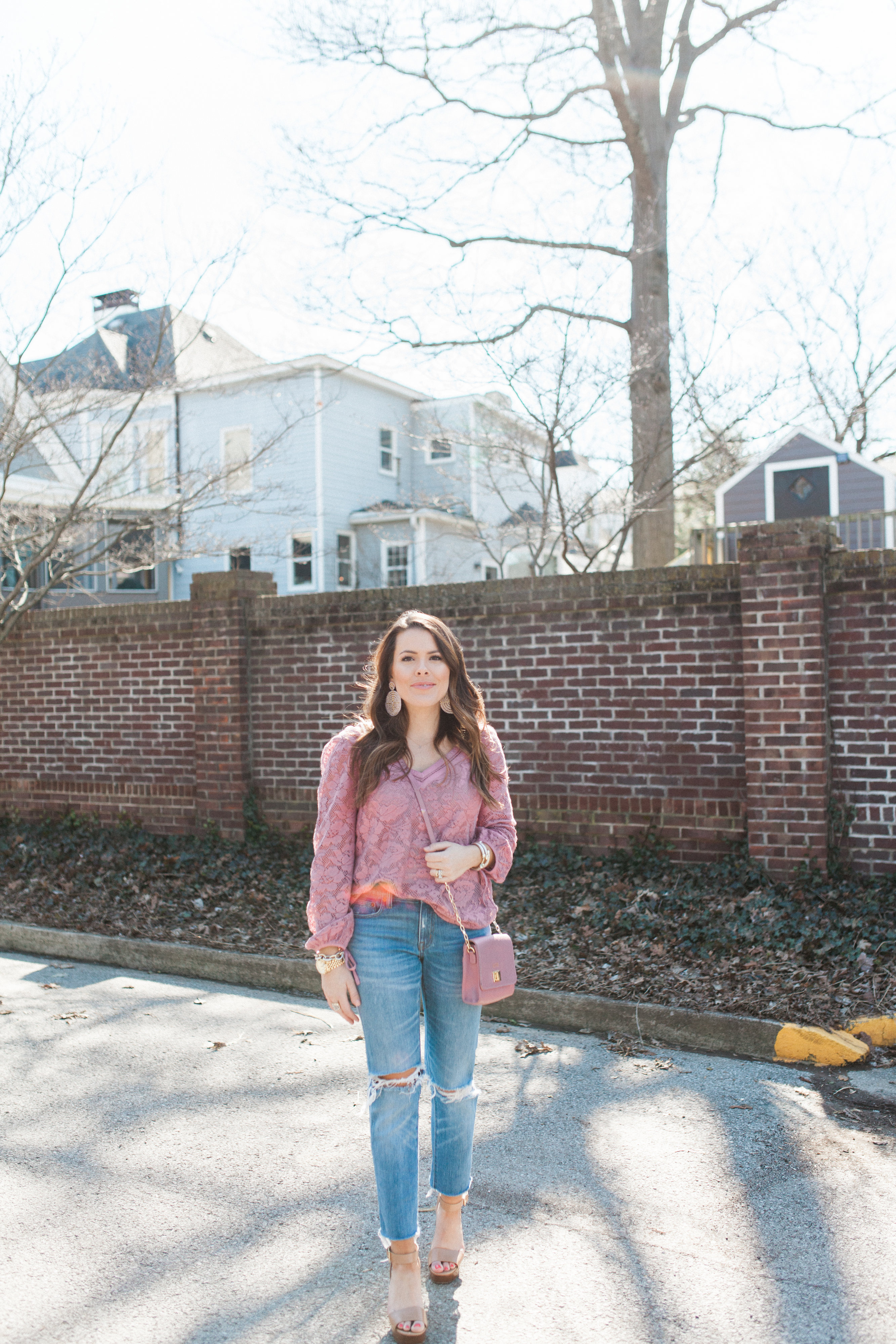 Pink Lace Top / Boyfriend Jeans 