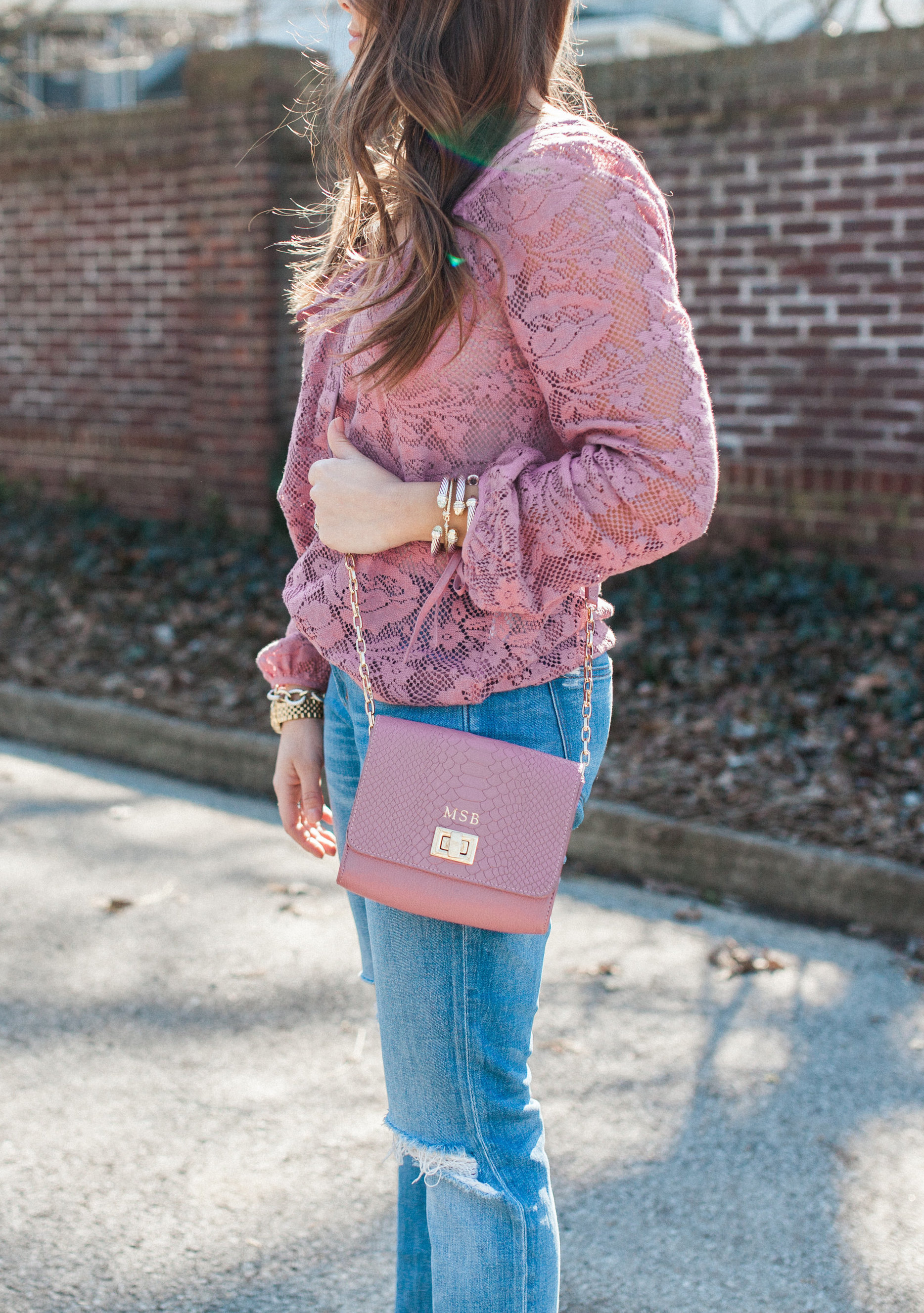 Pink Lace Top / Boyfriend Jeans 