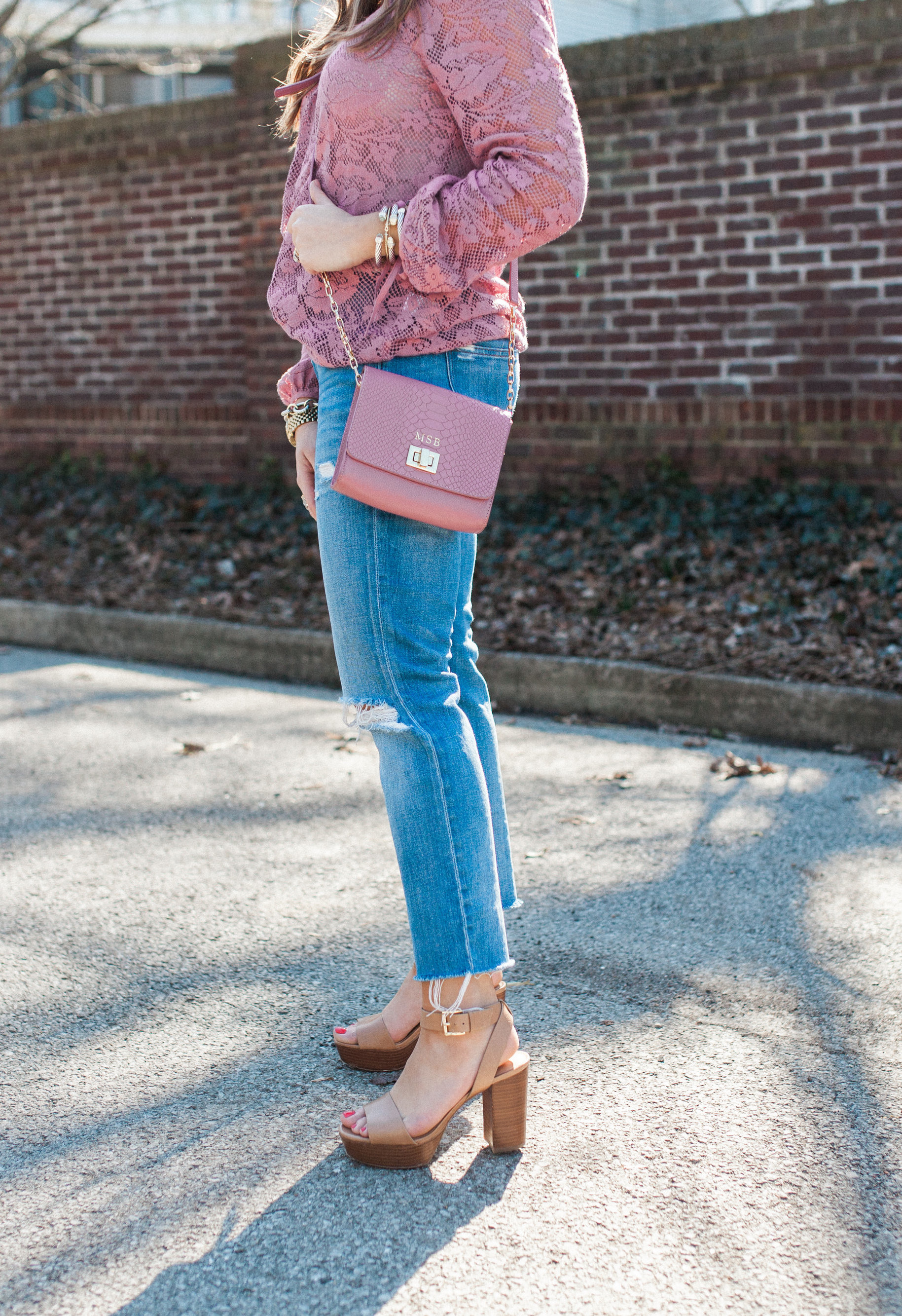 Pink Lace Top / Boyfriend Jeans 