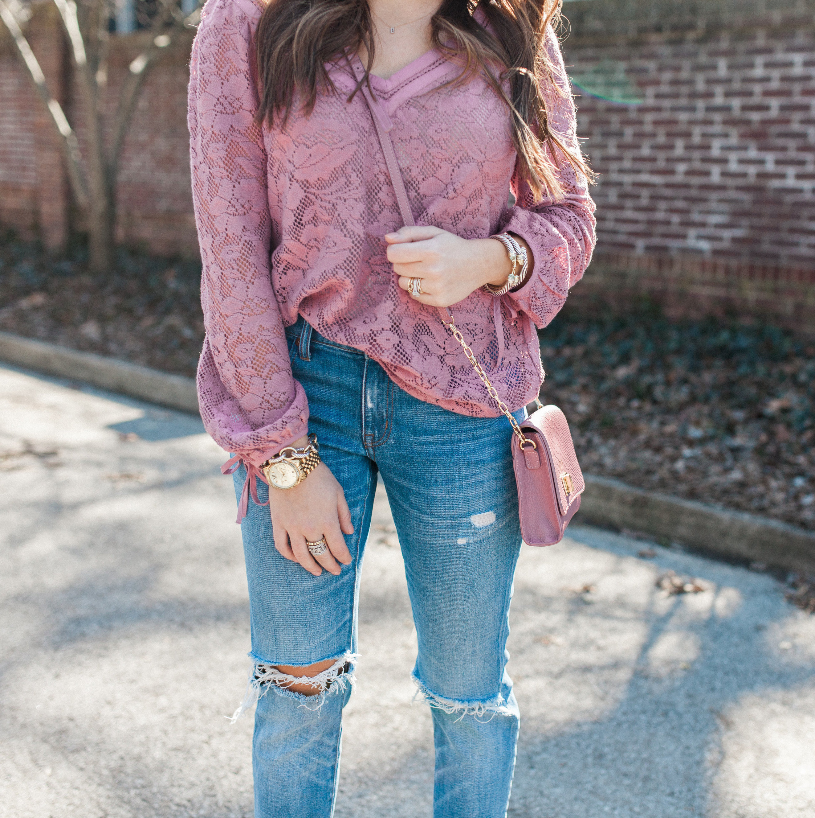 Pink Lace Top / Boyfriend Jeans 