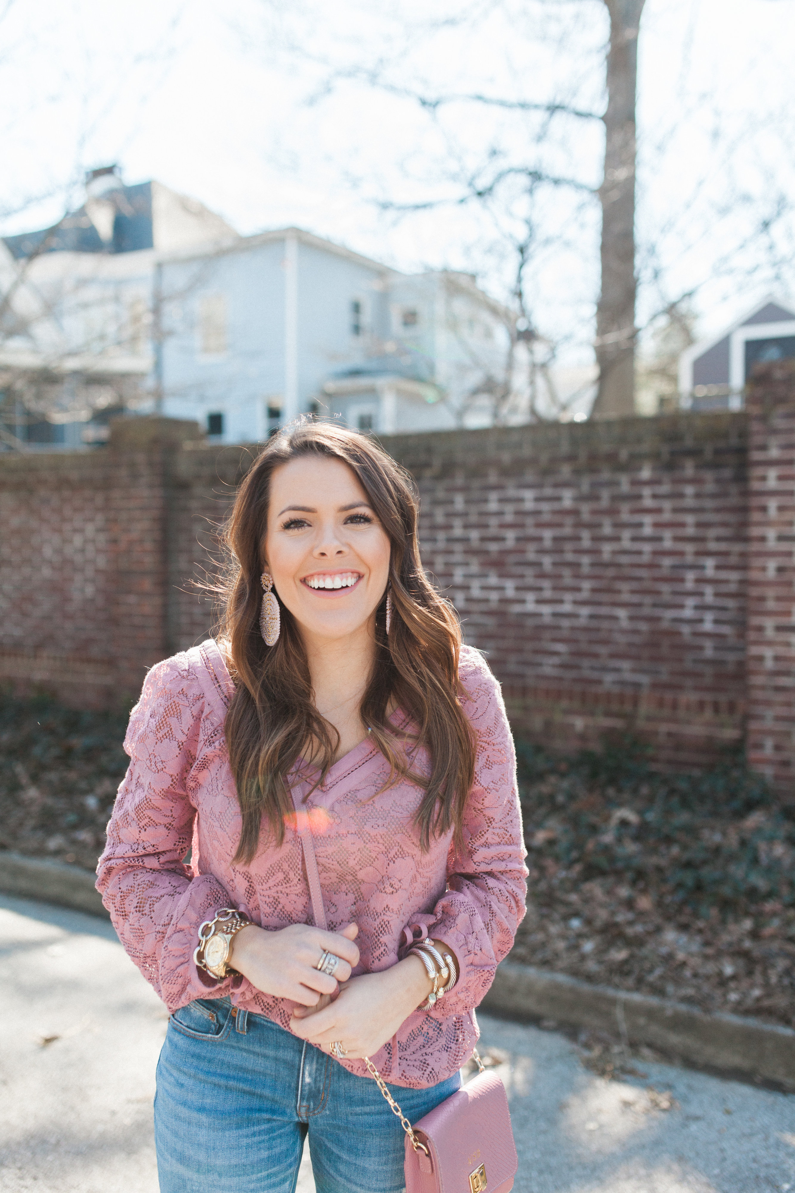 Pink Lace Top / Boyfriend Jeans 