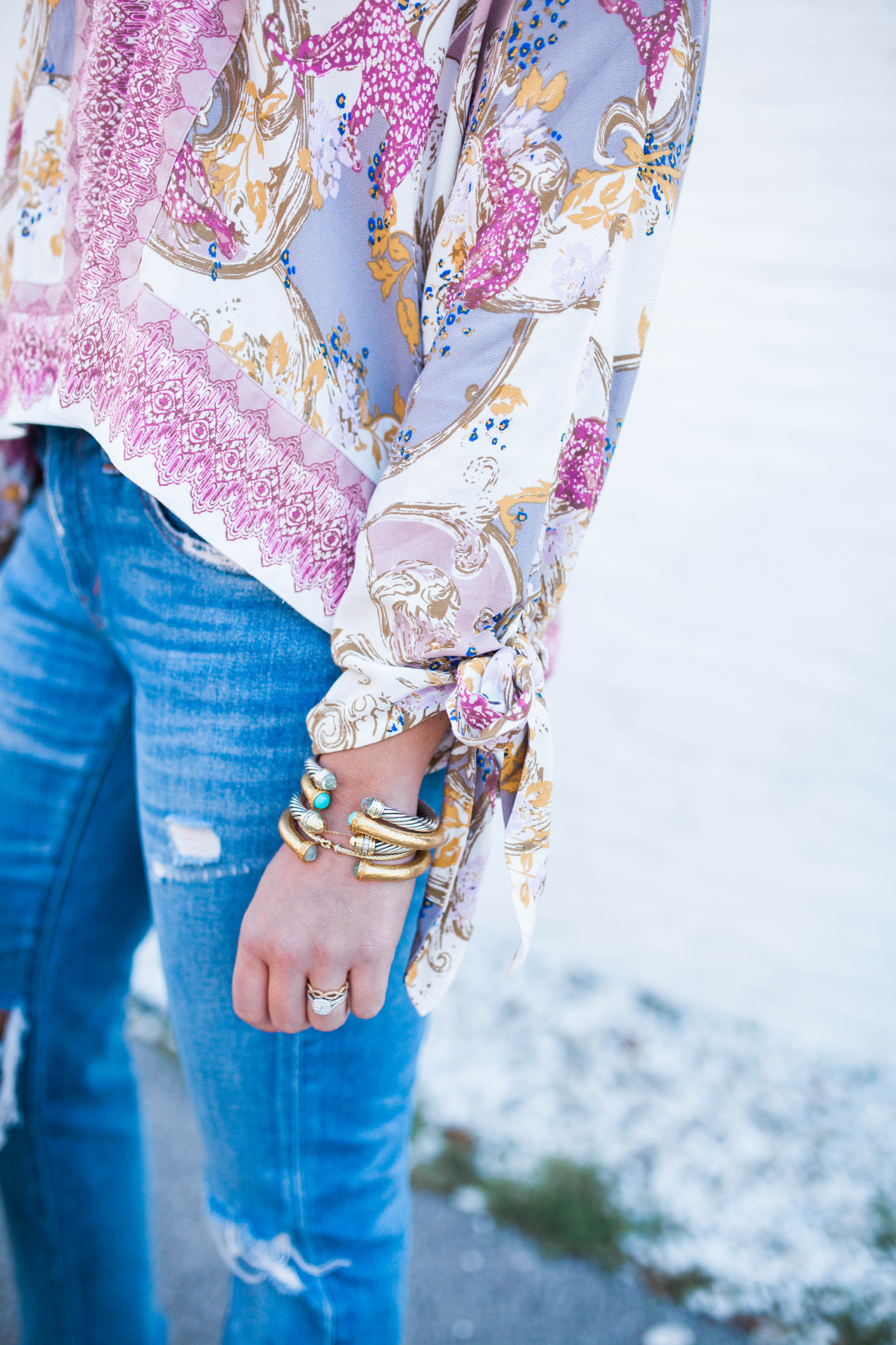 Casual Spring Style / Free People Blouse / Julie Vos Bracelets