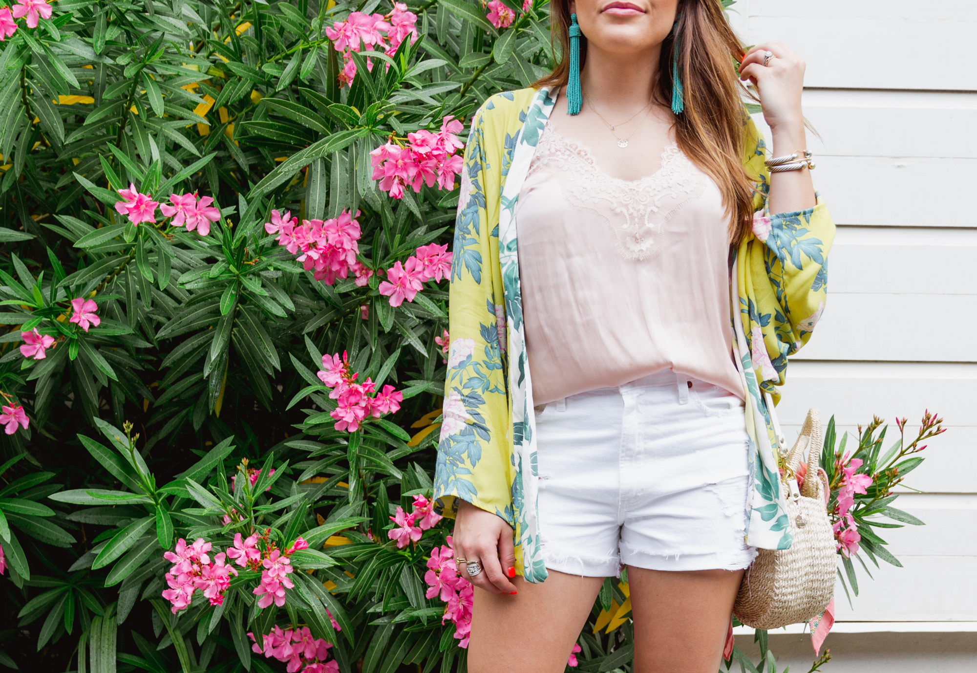 Yellow Kimono / White Denim Shorts